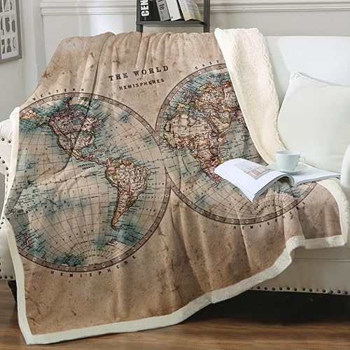 Sleepwish Mantas Sherpa con Mapa del Mundo Antiguo, Manta de Vellón Vintage Retro, Manta de Felpa Acogedora para Dormitorio, Salas de Estar, Sofá,