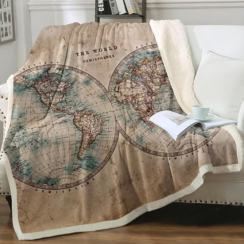 Sleepwish Old World Map Sherpa Throw Blankets Vintage Retro Fleece