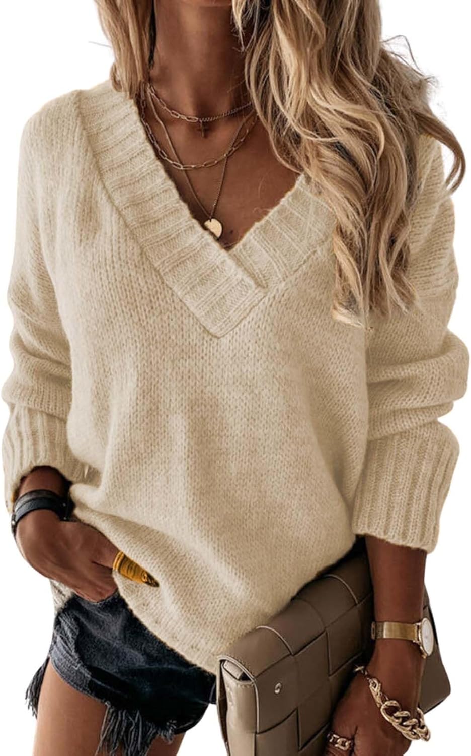 Womens Loose Sweater Sexy V Neck Long Sleeve Solid Color Knit Pullover Sweater Pullover Top