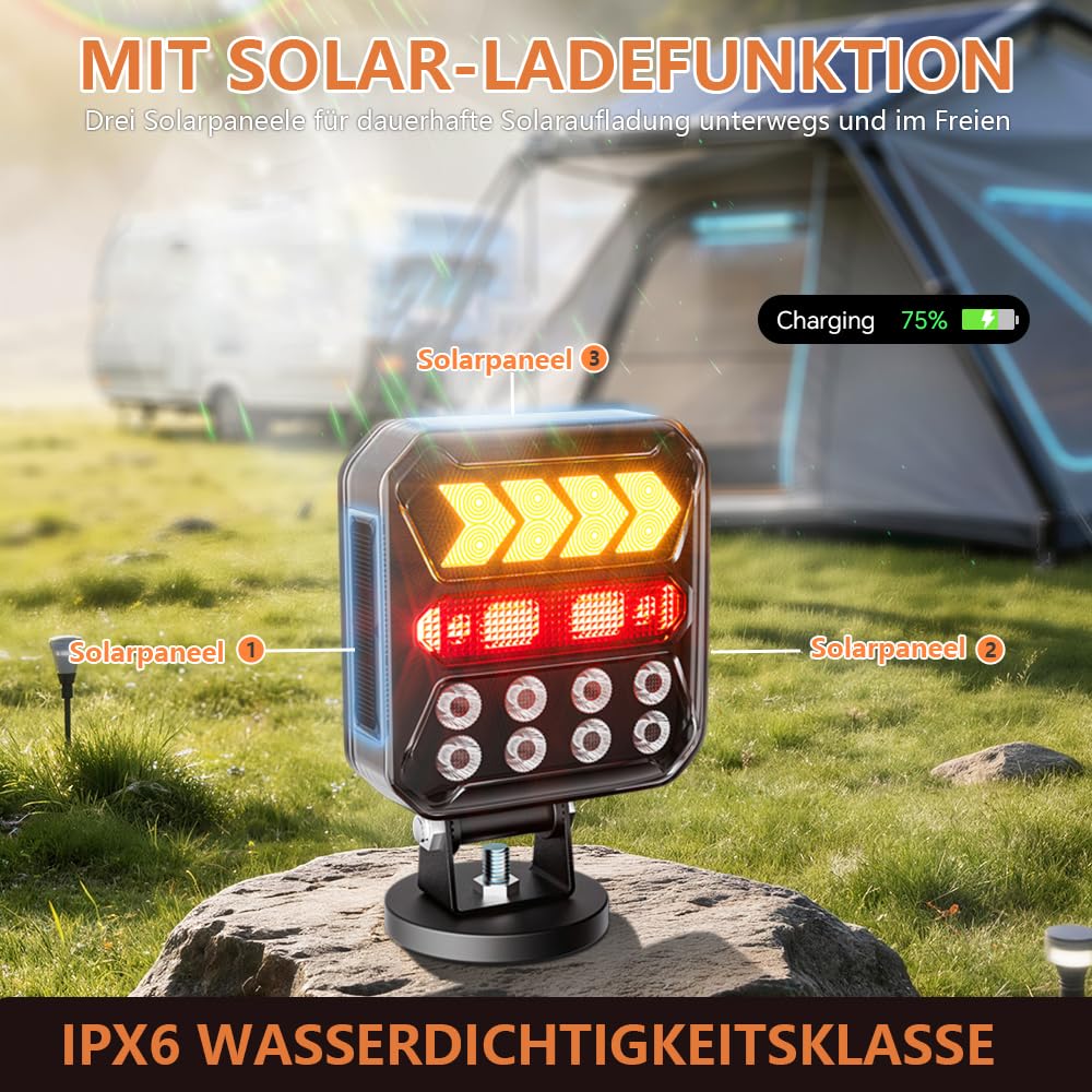12/24V Solar kabellose magnetische LED Anhänger Rückleuchten Set, Bluetooth, 7-pol Stecker & USB-C, IPX6 wasserdichte Heckleuchten mit Doppelstahlseilen, für Anhänger LKW Wohnwagen Traktor | 7-poliger Stecker & USB-C, IPX6 wasserdichte LED-Rücklichter mit