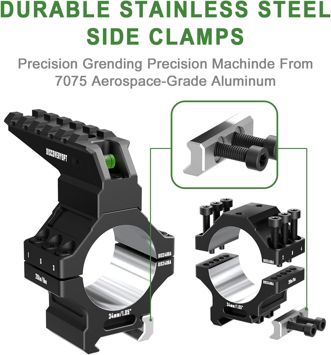 Heavy Duty Scope Rings-7075 Aluminum Precision Lapped Picatinny Mount with Bubble Level, Picatinny Rail, for Rifle Scope Mounting