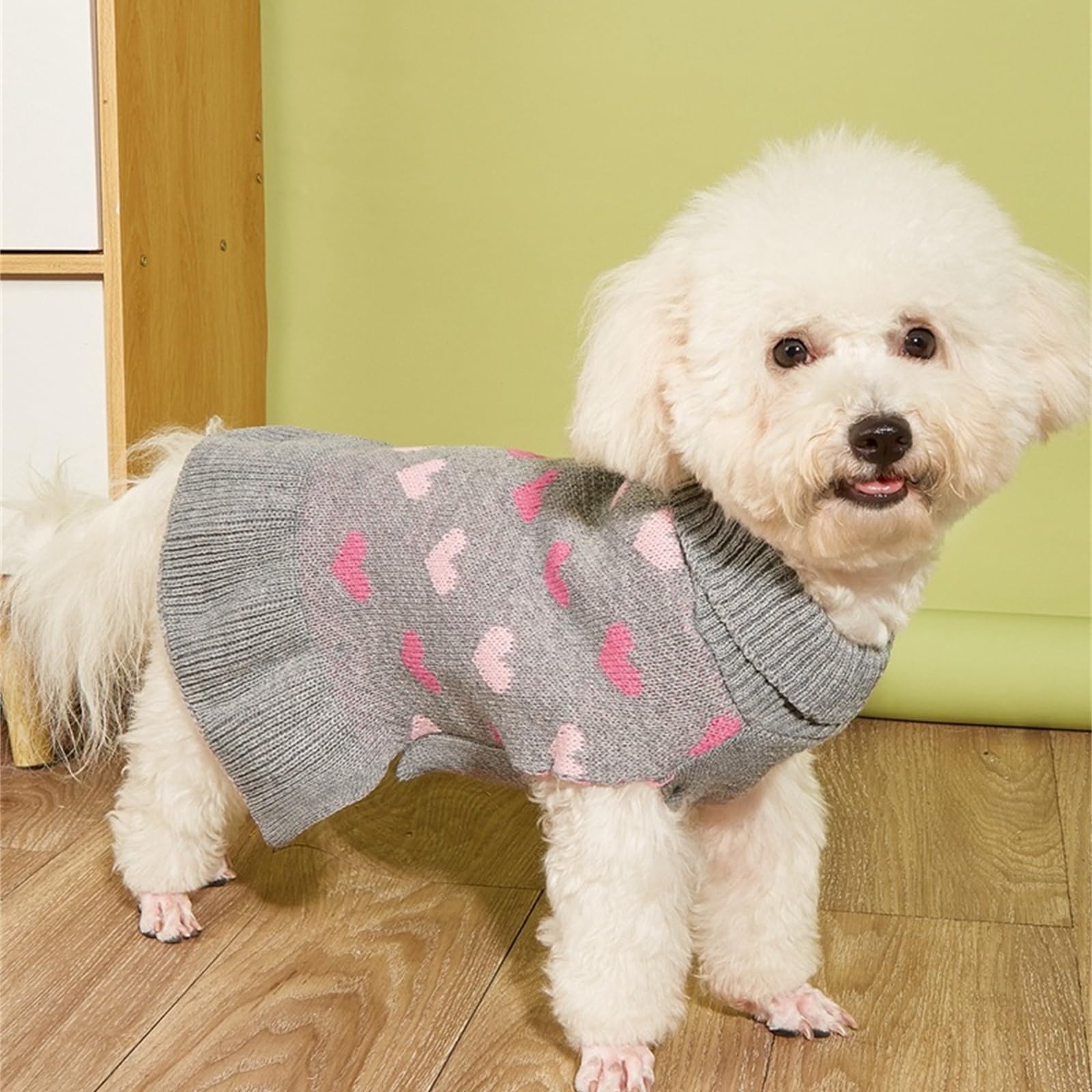 Yaopelky Small Dog Jumper Dress with Heart Pattern Valentine’s Day Puppy Sweaters Knitted Turtleneck Pet Outfits Warm Dog Clothes for Small Dogs Cats (Gray - Image 2