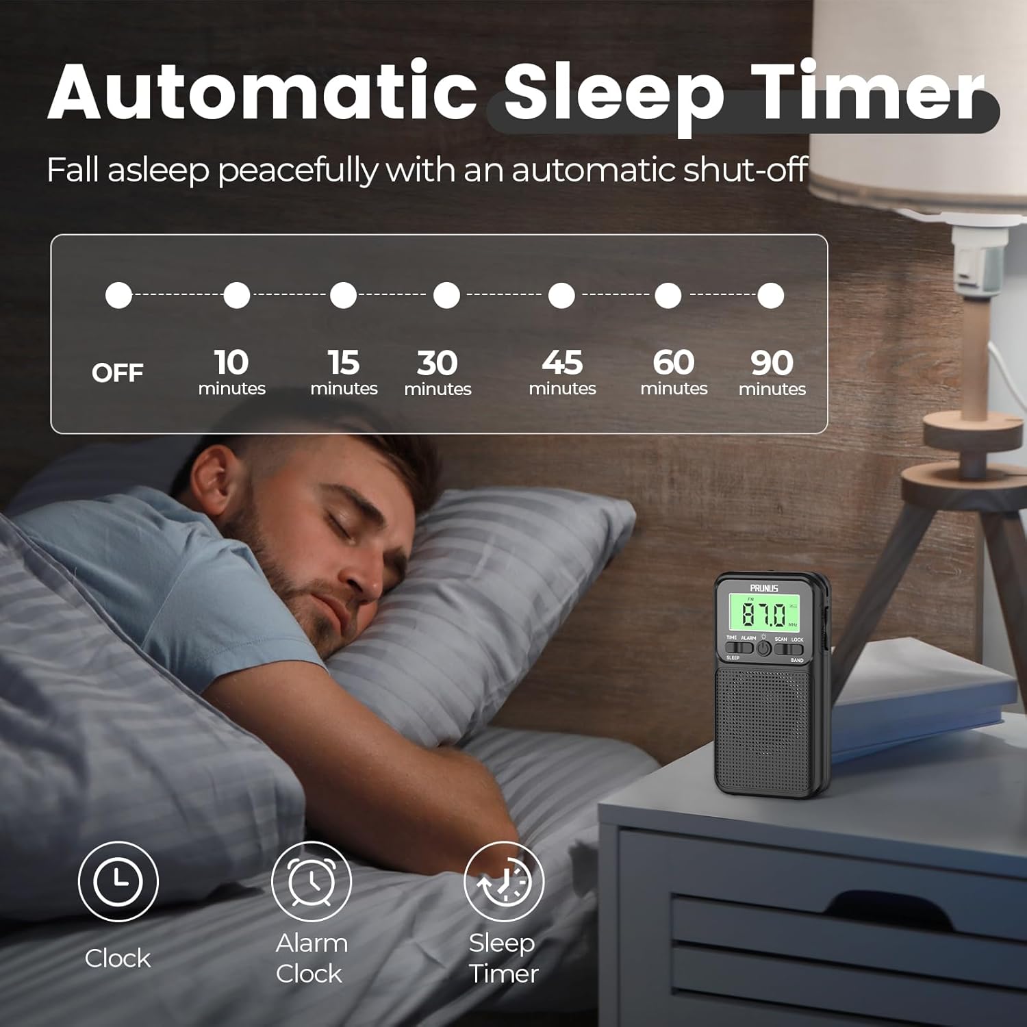 A person sleeping in bed with the PRUNUS J-128 radio on a nightstand, illustrating the automatic sleep timer function with options from 10 to 90 minutes.