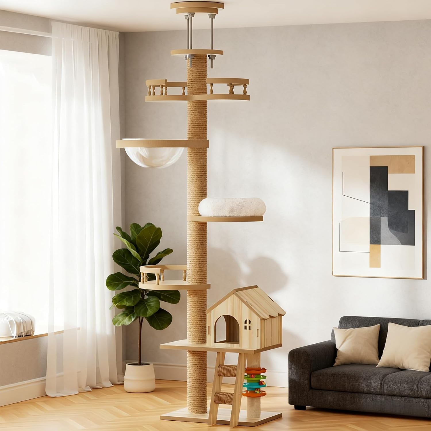 Floor to Ceiling Floor to Ceiling cat Tower Cat Tree, Adjustable Height Cat Floor to Ceiling cat Tree Tower with Scratching Post, Modern Cat Activity Center with Large Wood Condo C