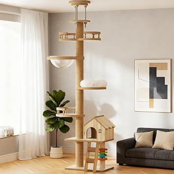 HACHIKITTY Floor to Ceiling Cat Tree, Cat Tower with Scratching Post, Adjustable Height98-110 Inch, Large Wood Condo Cave Bed and Hammock, Modern Cat Activity Tree