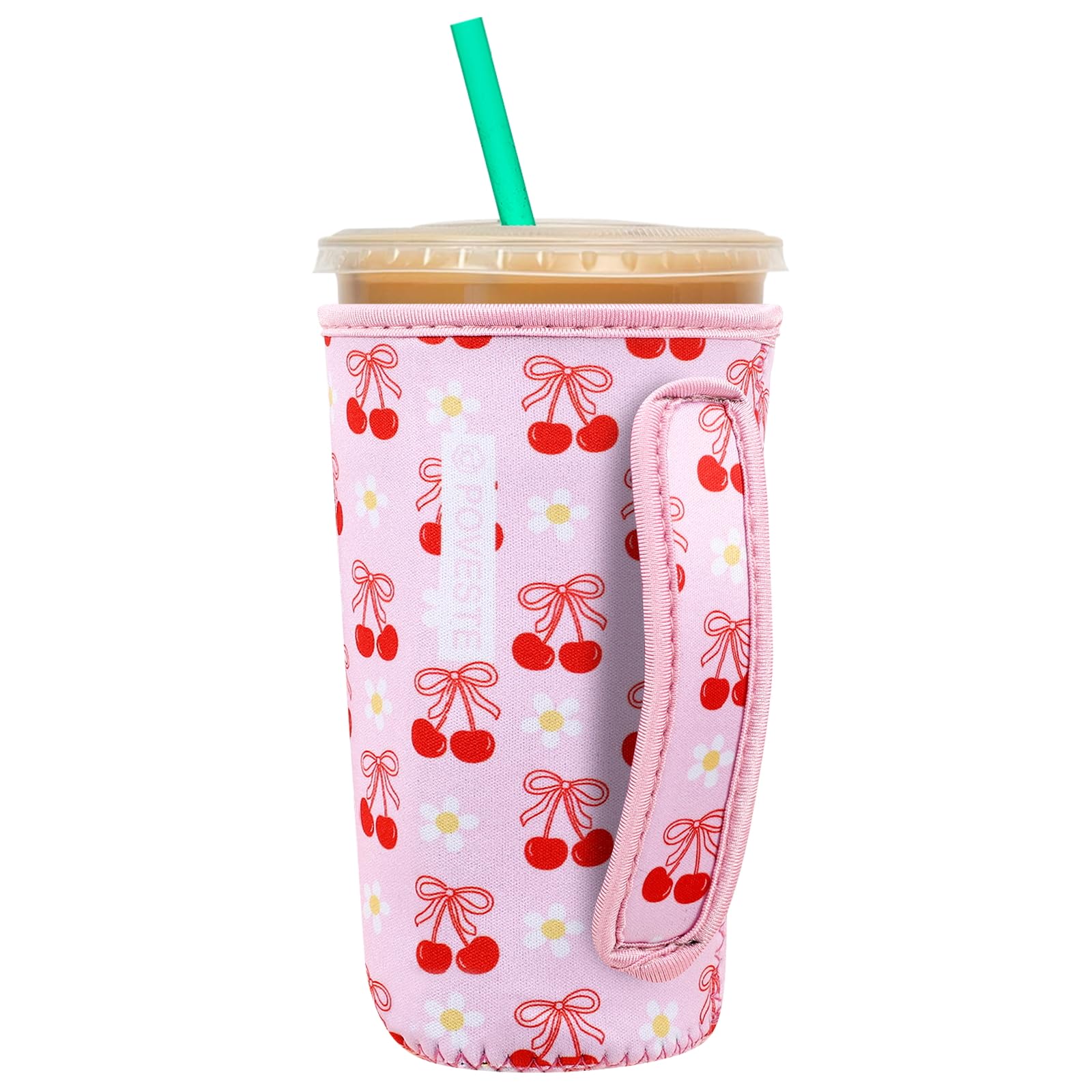 Reusable Neoprene Insulator Sleeve for Iced Coffee &amp; Cold Soda, Coffee Sleeves for Iced &amp; Hot Drinks, Cold Beverage Cooler Compatible with Starbucks, Dunkin (Cherry Bomb, Large: 32oz)