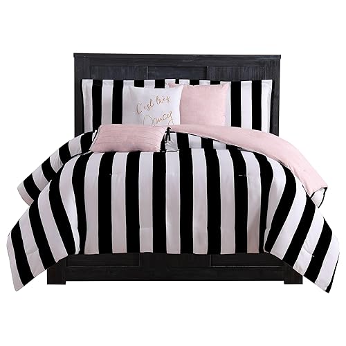 Juicy Couture JYZ010171 Cabana Stripe 6-Piece Reversible Set, King, Canaba Stripe Black - Cabana Stripe Black/White - King