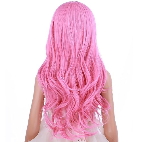 Miniatura 4 de Peluca larga ondulada rosa para niños, peluca larga y ondulada rosa para niñas, pelucas sintéticas largas con gorra de peluca