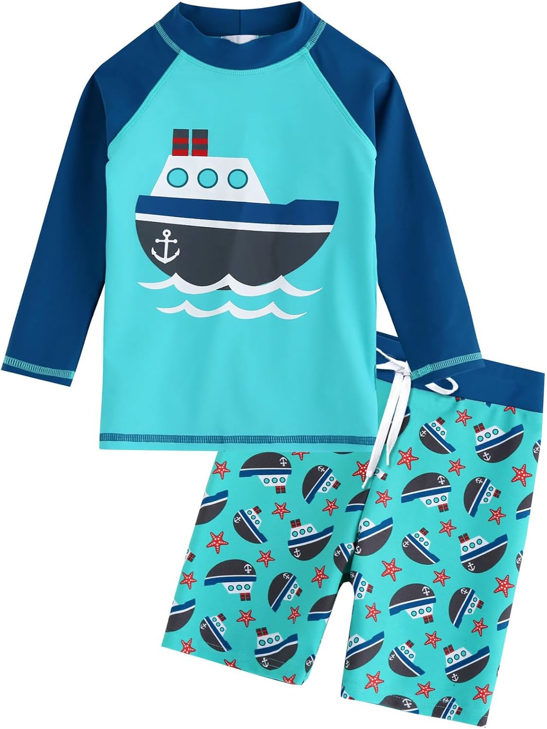 AIWUHE Toddler Swimsuit Set Boys Two Piece Rash Guard Boys' Swim Suit Quick Dry Long Sleeve Swim Shirts with Trunks Bathing Suit Swimwear Sets Blue Sailboat L 3-4T - Image 3