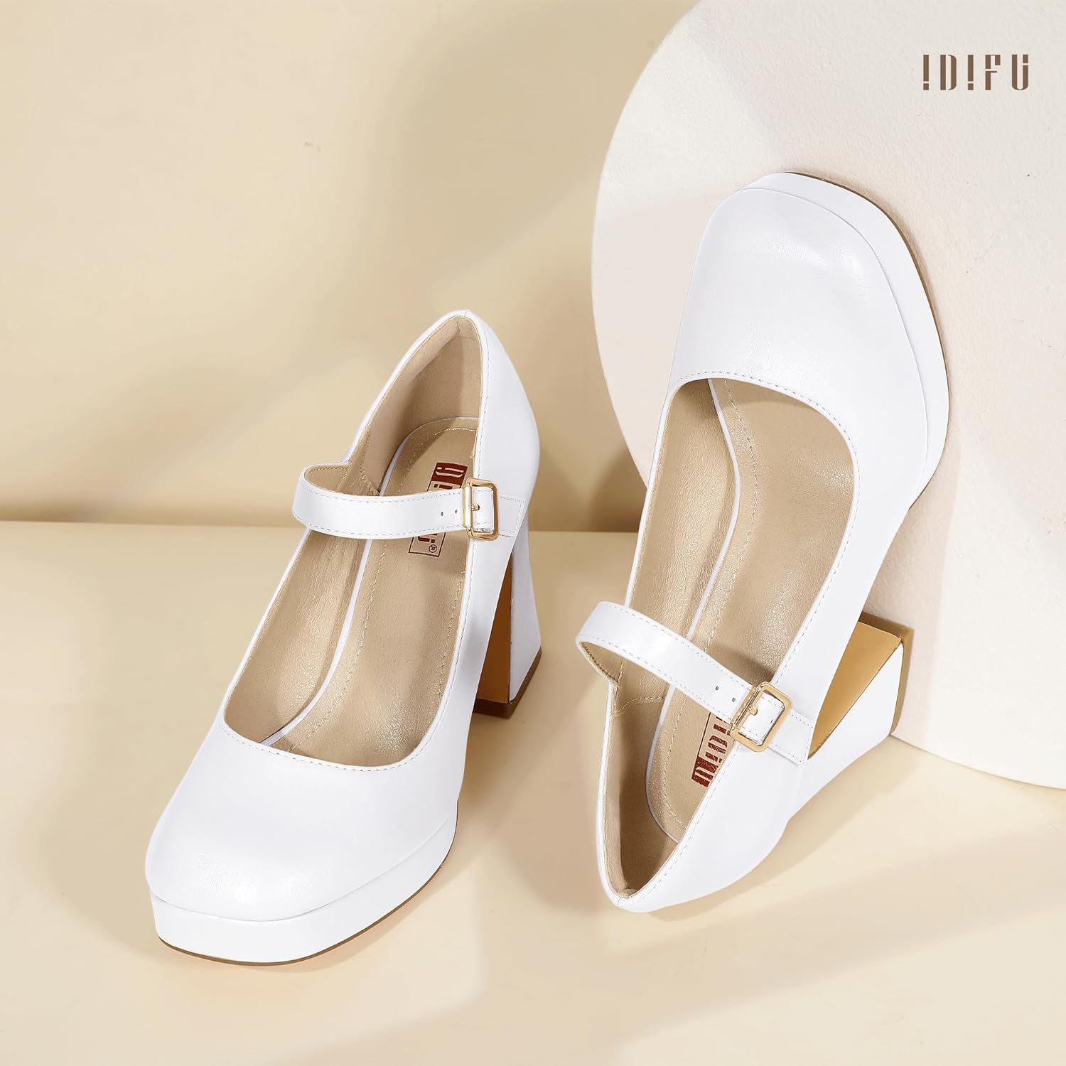 IDIFU IN4 Platform Mary Jane Shoes Women's Pumps High Chunky Square Closed Toe Block Heels Ankle Strap Work Wedding Prom Comfortable Dress Shoes Dressy Cute Heels - Image 5
