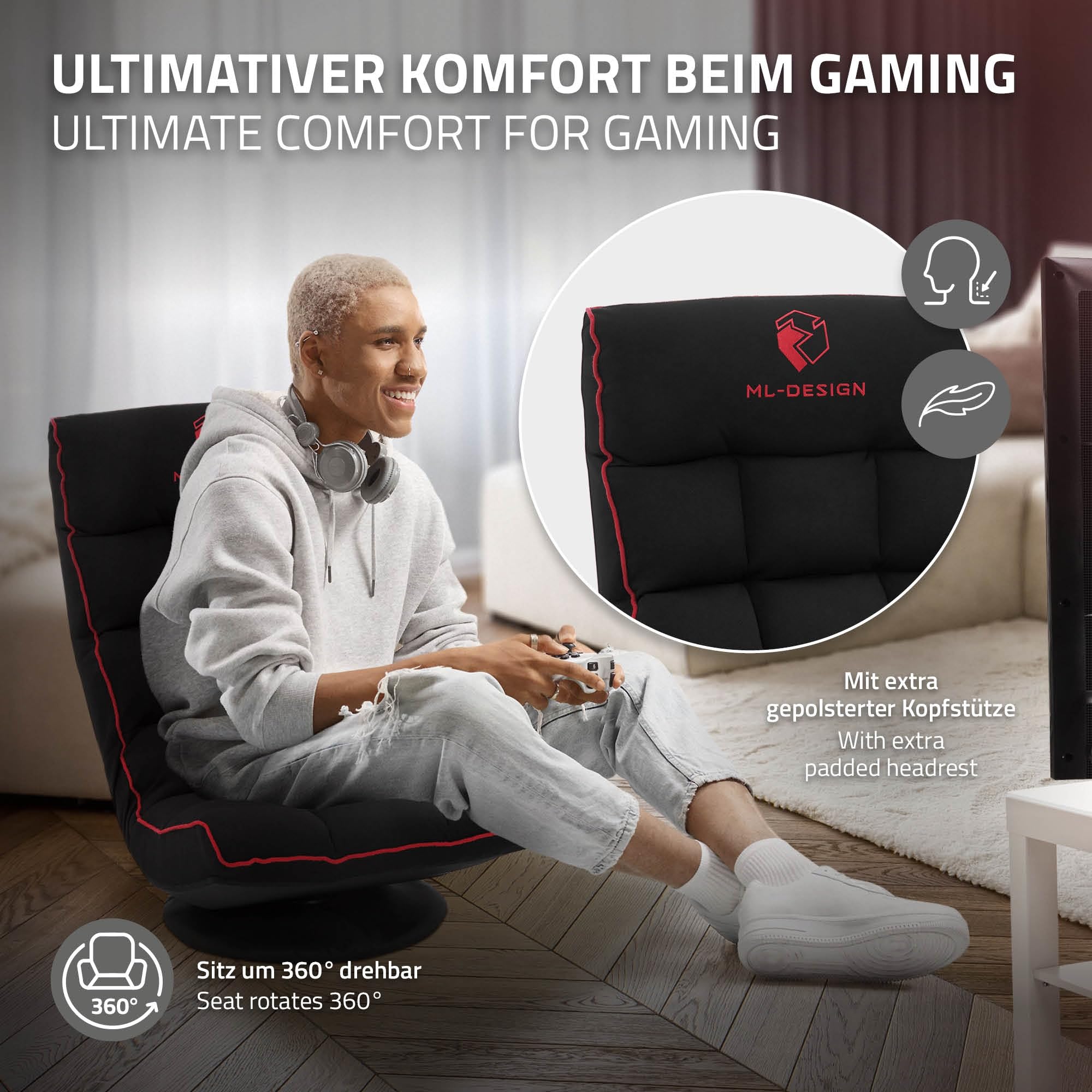 ML-Design Gaming Bodenstuhl Schwarz-Rot, Ergonomischer Gaming Sessel, 360° drehbar & verstellbar, Klappbarer Boden Gamer Stuhl mit Kopfstütze, Bodensessel gepolstert, Relax Bodensofa, Lounge Sessel