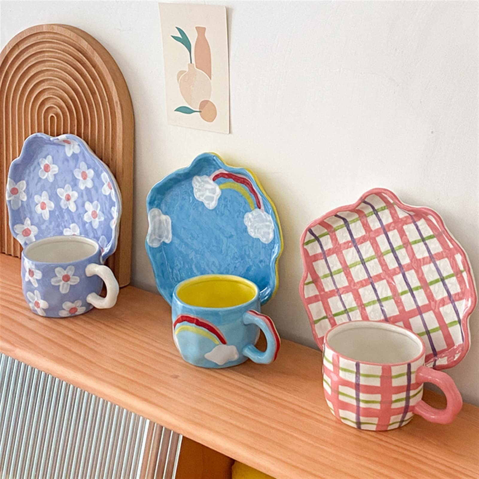 Mug Tasse Peinte à la Main Motif créatif gobelets et Assiettes sous-allumes de thé céramique thé café Tasse de Dessert Plate Alimentaire Cadeau à la Main Tasse à thé (Color : E)