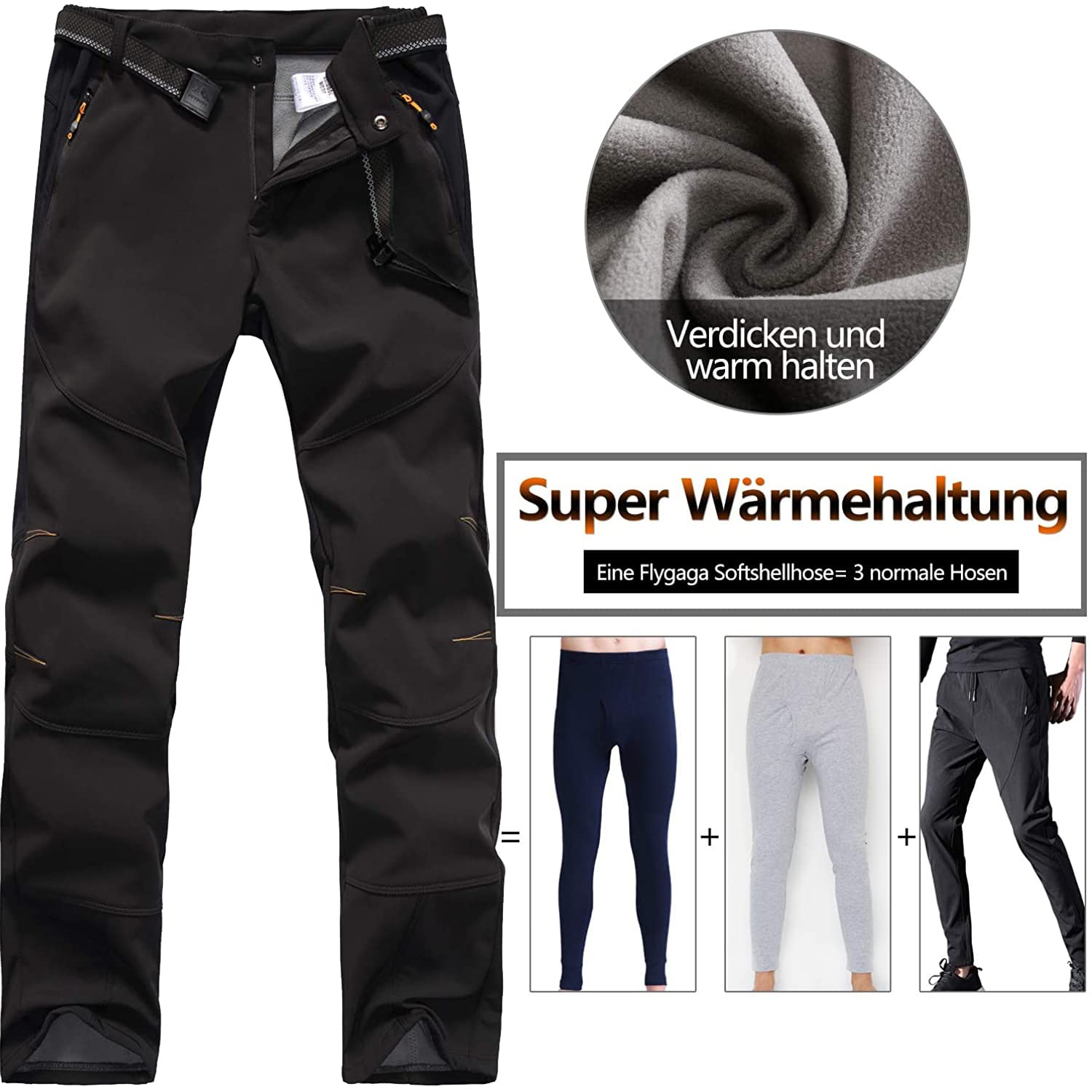 FLYGAGA Herren Wanderhose Softshellhose Warm Gefüttert Fleece Winterhose SkiHosen Snowboardhose Wasserdicht Winddicht Berghose Funktionshose Trekkinghose Outdoorhose Herbst Winter