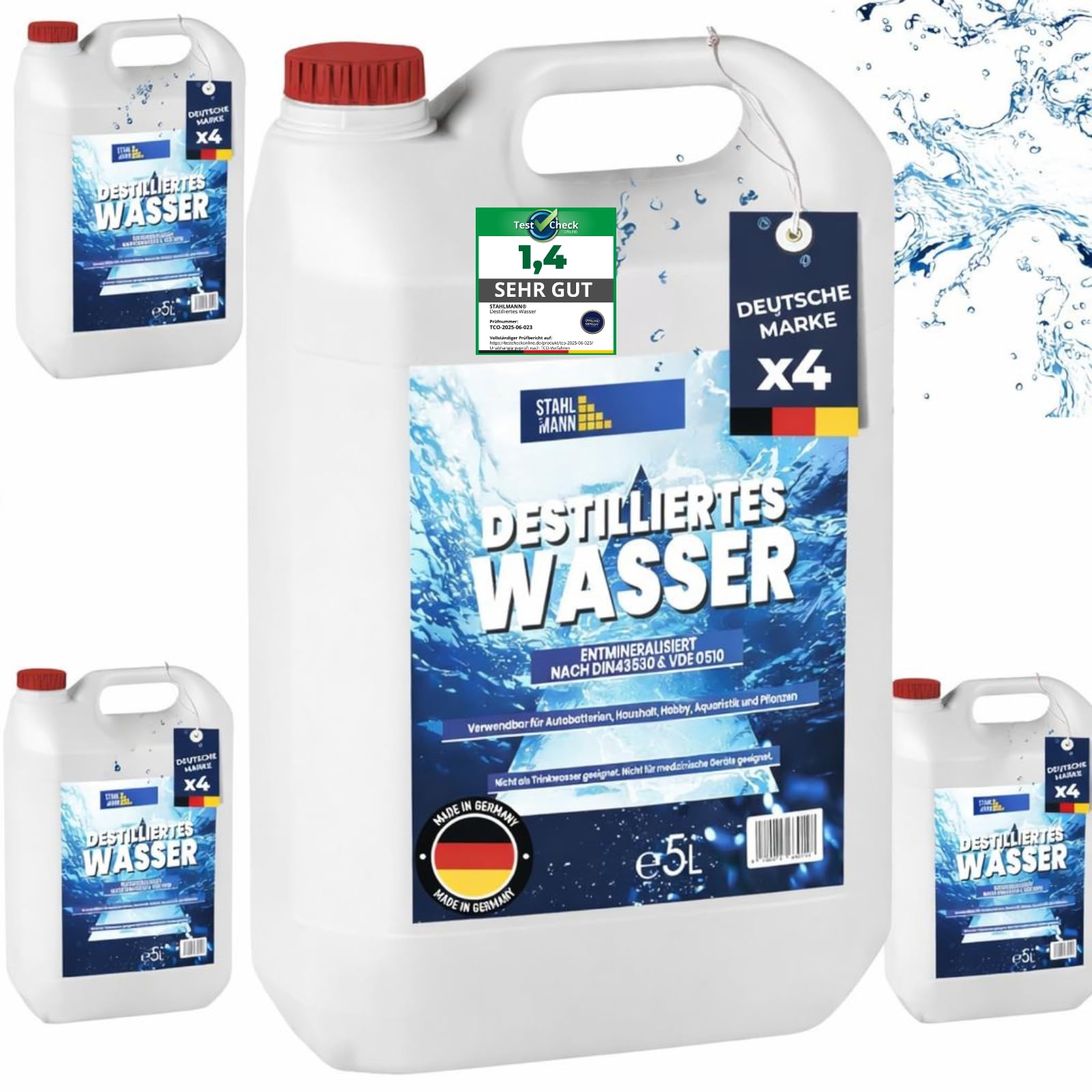 STAHLMANN® Destilliertes Wasser [4x5L] Kanister [Made in Germany] - [Destilliertes Wasser für Dampbügeleisen und vieles mehr] – Destilliertes Wasser