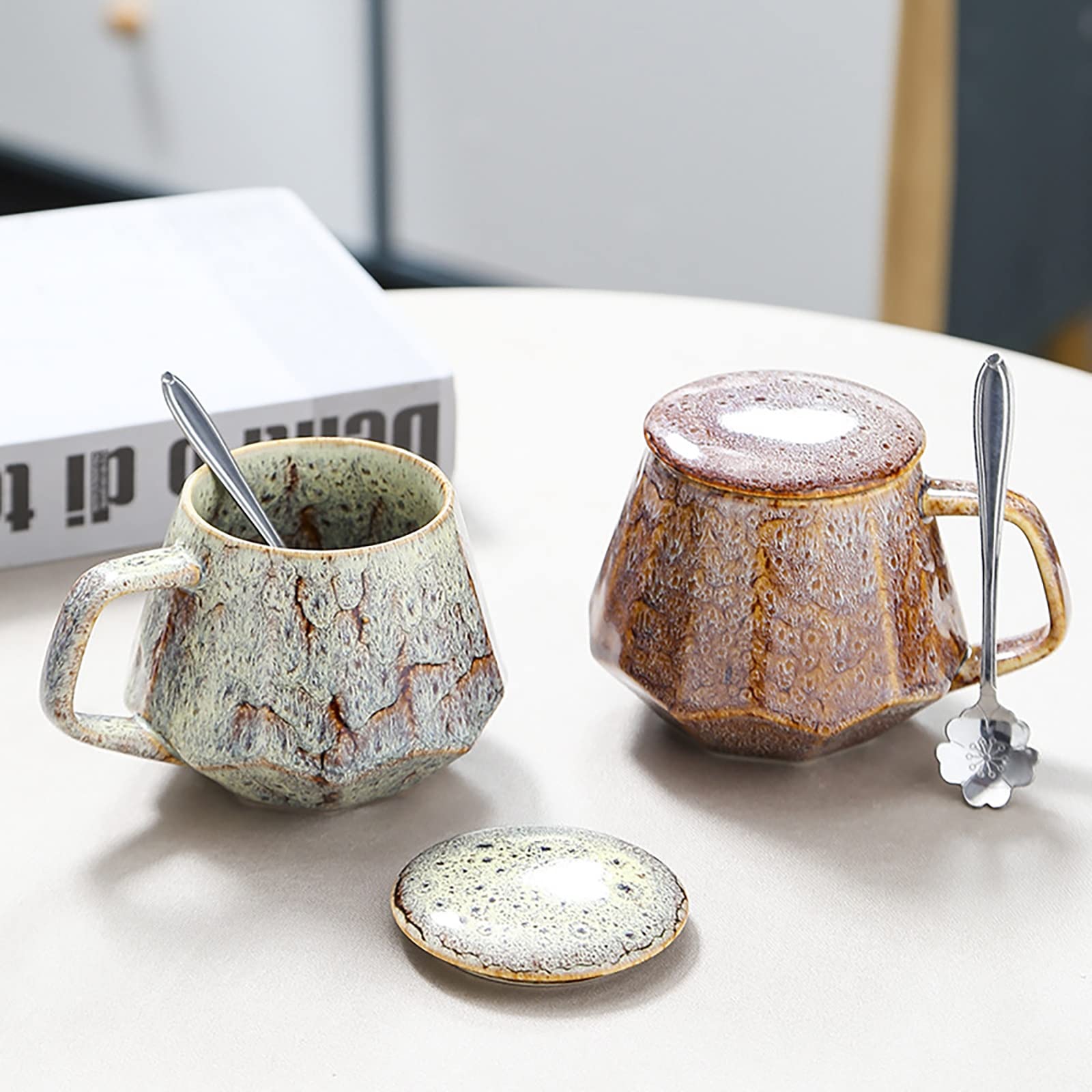 Kaffeetassen aus Keramik im Vintage-Stil, 340 ml, Espressotassen und Untertassen, einzigartige handgefertigte Tasse, kleine oder doppelte Espressotassen, Kaffeetasse mit Deckel (FA