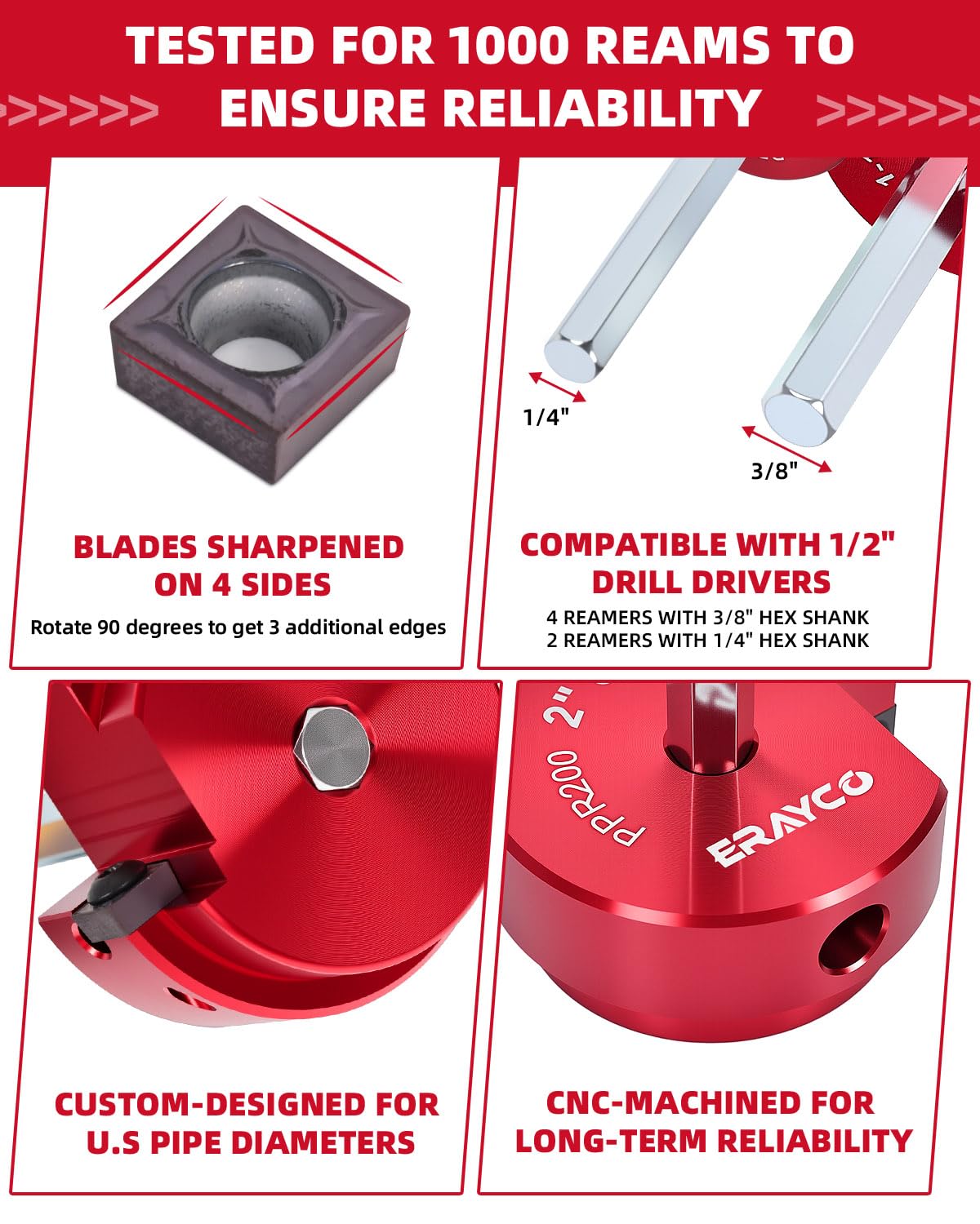 ERAYCO Kit de escariador de tubo de PVC de 6 piezas, kit profesional de ahorro de enchufes de aluminio (1.9 cm, 2.5 cm, 2.5 cm, 5.1 cm, 7.6 cm, 10.2 cm) con inserciones de carburo giratorias