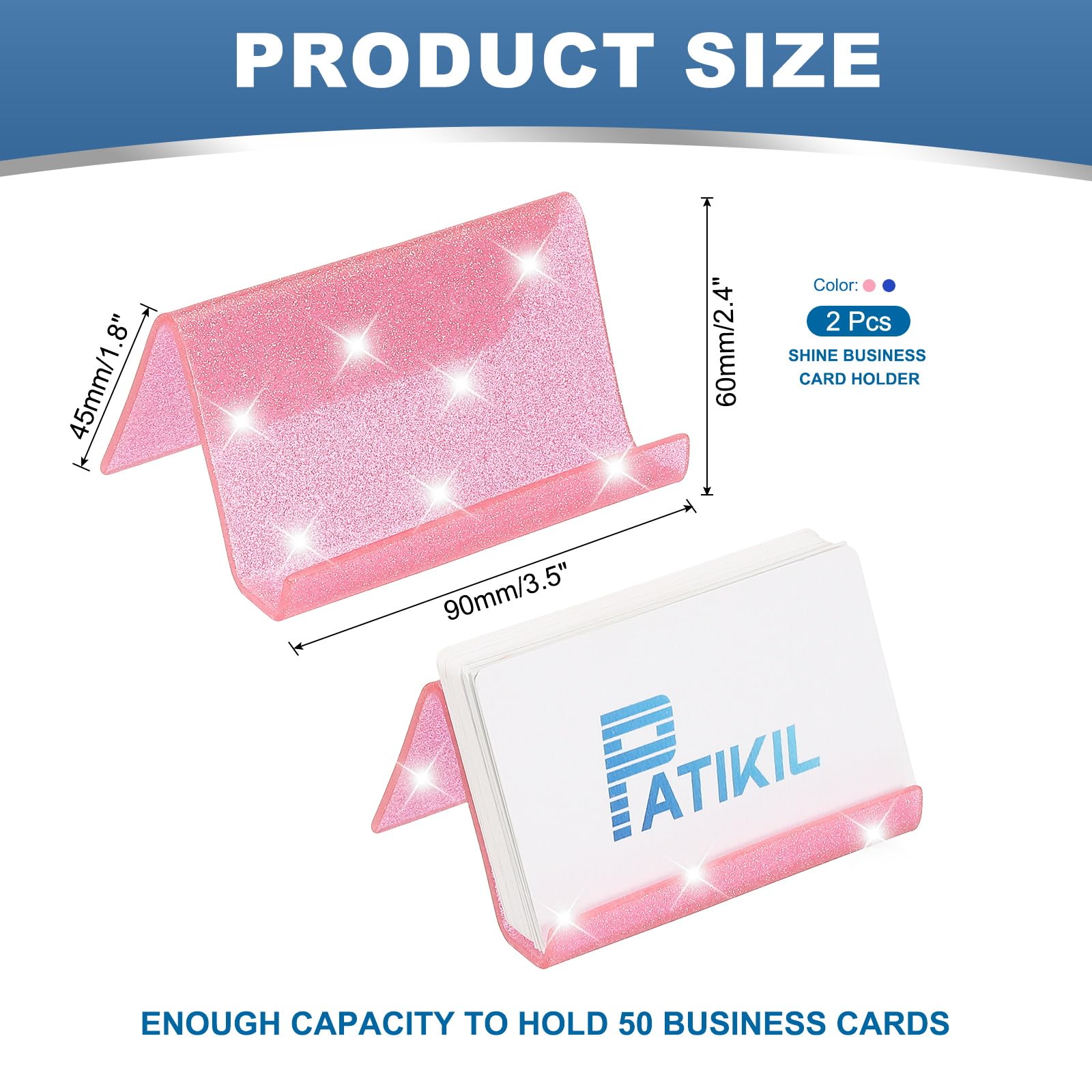 PATIKIL Business Card Holder for Desk 2Pcs Acrylic Business Card Holders Shine Card Stand Organizer Cards Display for Office Exhibition Pink/Blue - Image 2