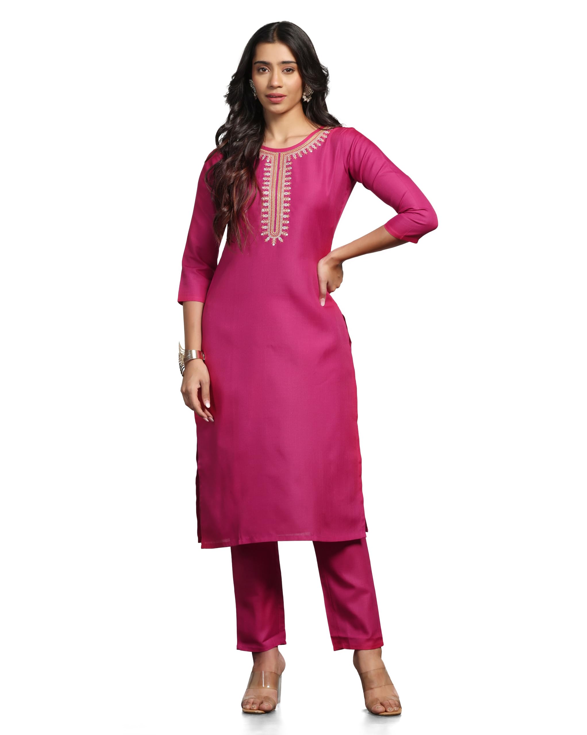 Tadkee Women Kurti And Pant Set With Embroidery Work (Fn-Kurti-Pant-Line-Work-113-Ranipink-L)