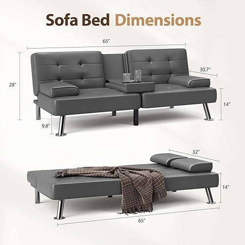 Miniatura 3 de Sofá cama tipo futón plegable convertible para sala de estar, sofá biplaza tapizado de piel sintética con reposabrazos extraíbles, patas de metal, 2
