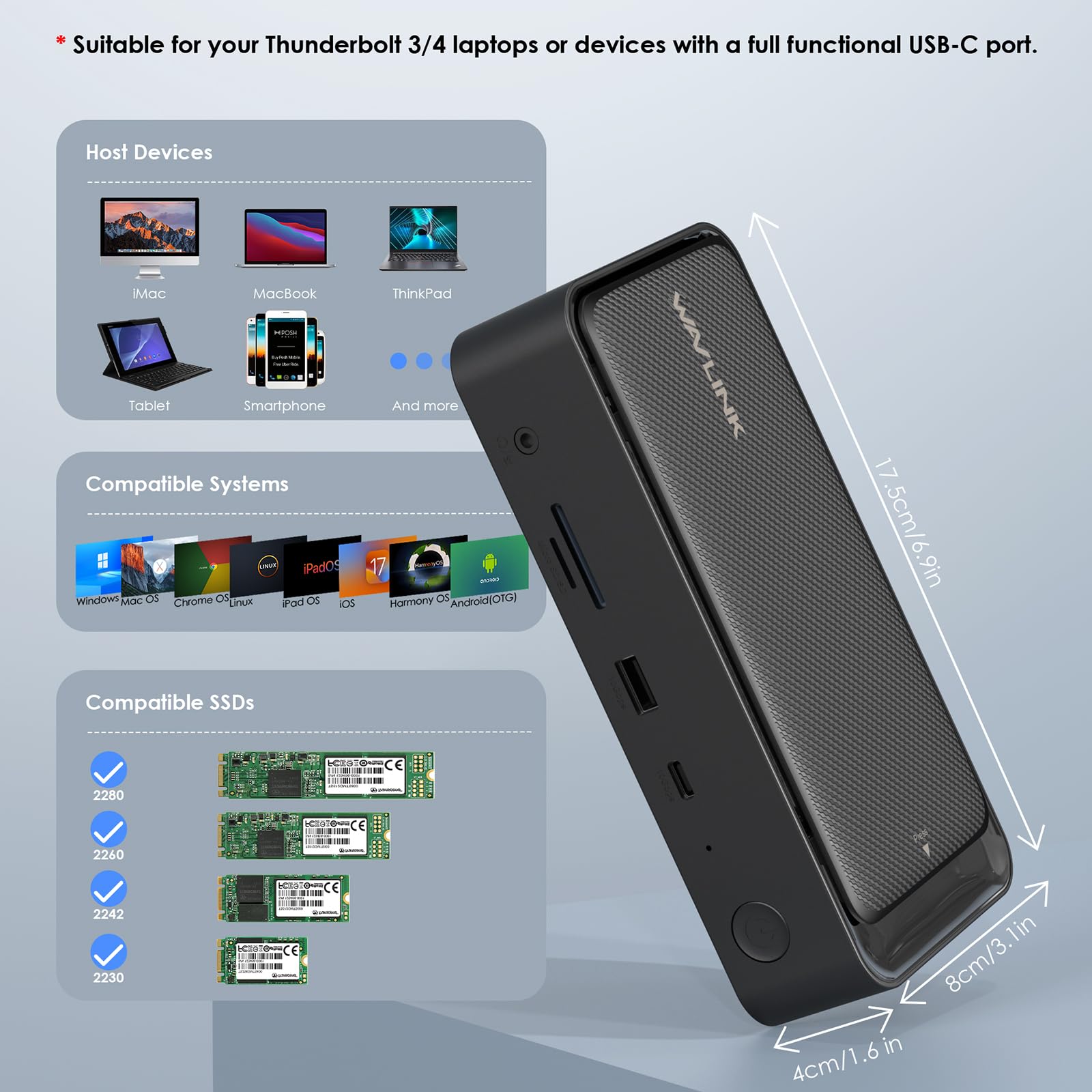 WAVLINK USB C Triple Display Dock, 13-in-1 Typ C 10Gbps Hub mit M.2 PCIe/SATA SSD-Gehäuse, unterstützt 100W PD, 4K@60Hz HDMI/DP, USB C/USB-A Gen 3.2/3.1, SD/TF, Gigabit RJ45