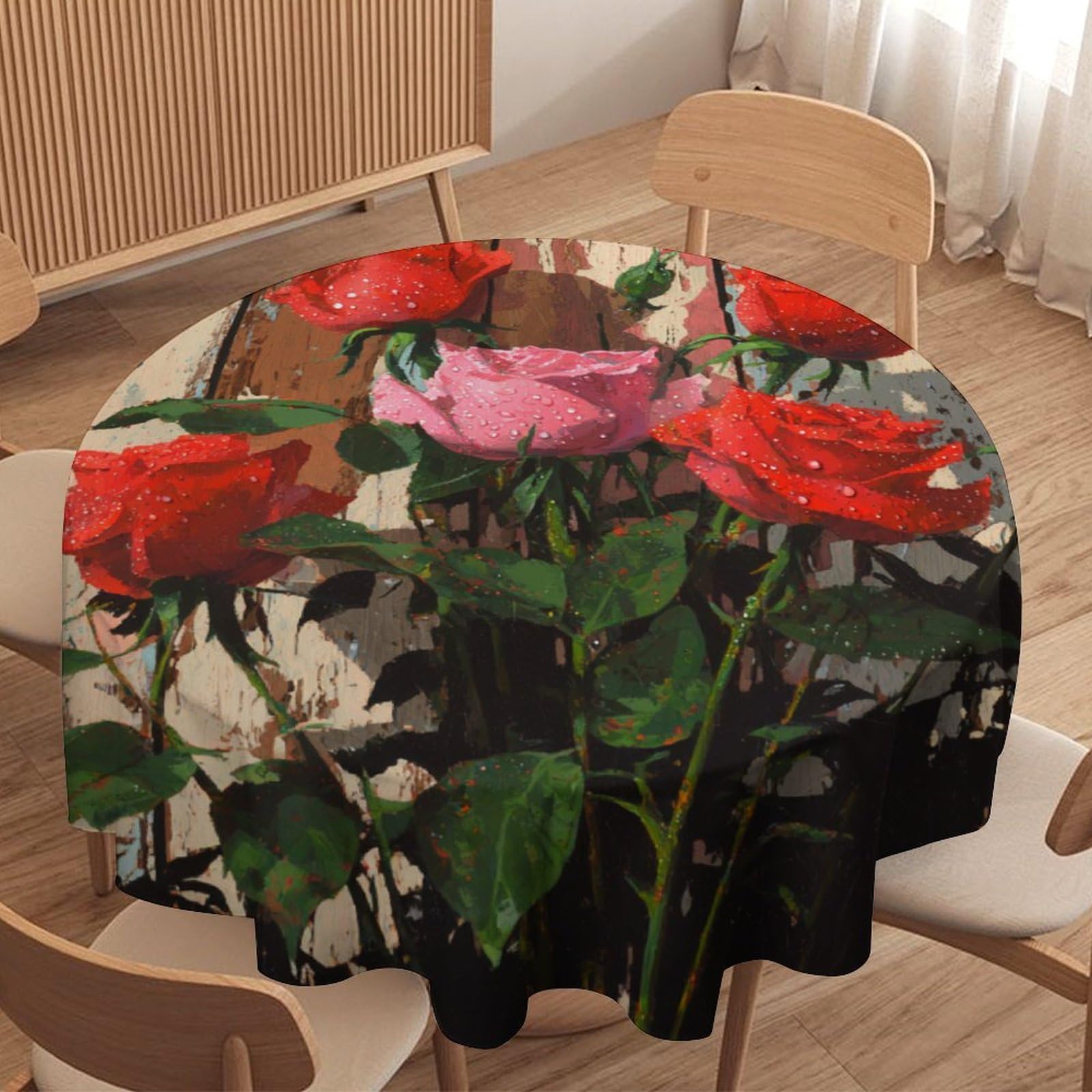 LUYYSKY Romantic Beautiful Red Roses Waterproof Round Tablecloth Fantasy Vintage Wooden Board Botanical Roses Floral Washable Table Cover for Kitchen-91.4" Wx91.4 L cm