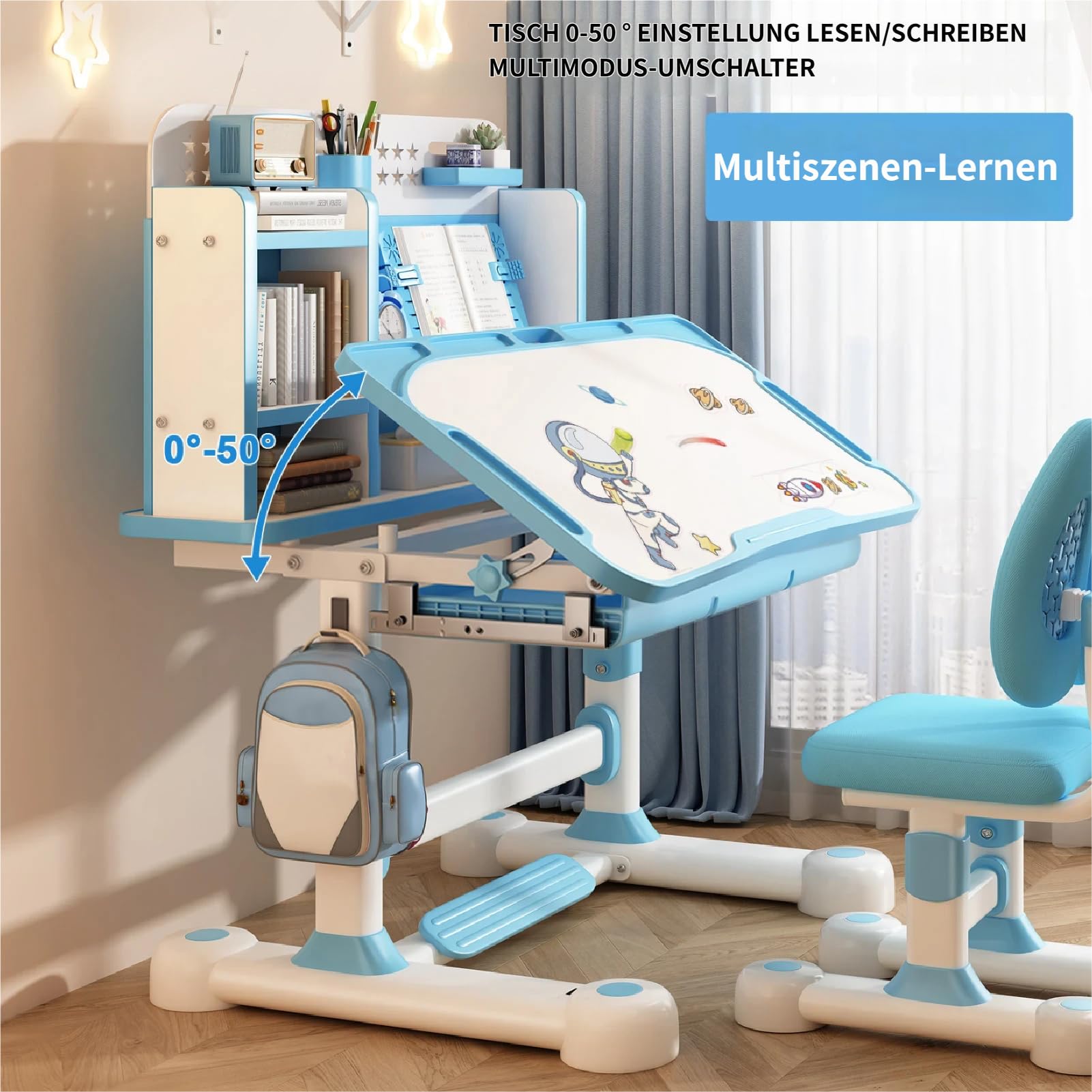 Kinderschreibtisch Set mit Bücherständer, Schüler-Schreibtisch und Stuhl, Kinderschule, Studiertisch mit Schubladenablagen, Bücherregal, Studienstuhl und Schreibtisch für Kinder (Blau)