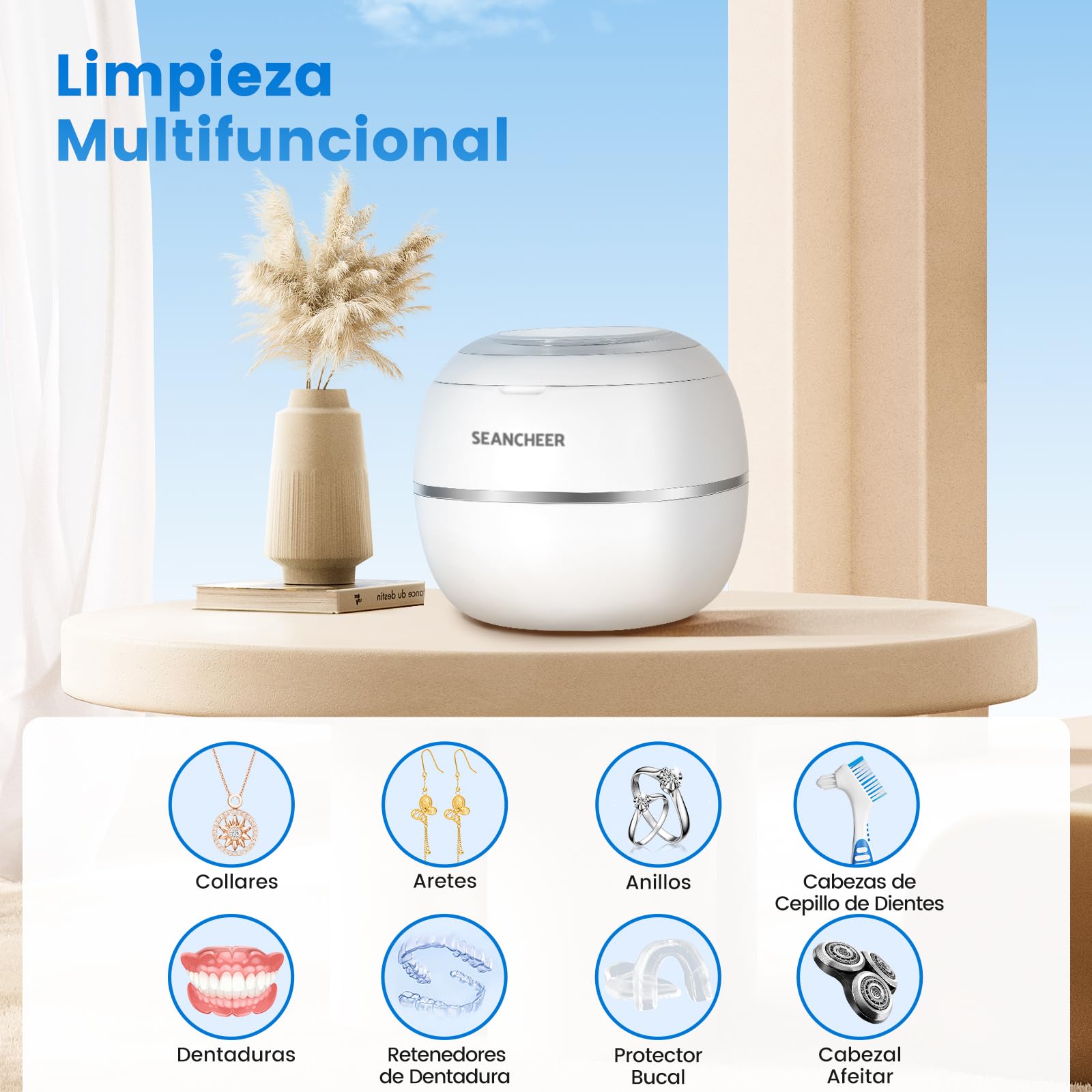 SEANCHEER Limpiador Ultrasonidos 48000Hz Ultrasonidos Limpieza | 180ML | Lampara UV | Ultrasonic Cleaner Portatil para | Dentaduras | Ferula Dental | Retainer | Aligner | Brackets | (Blanco)