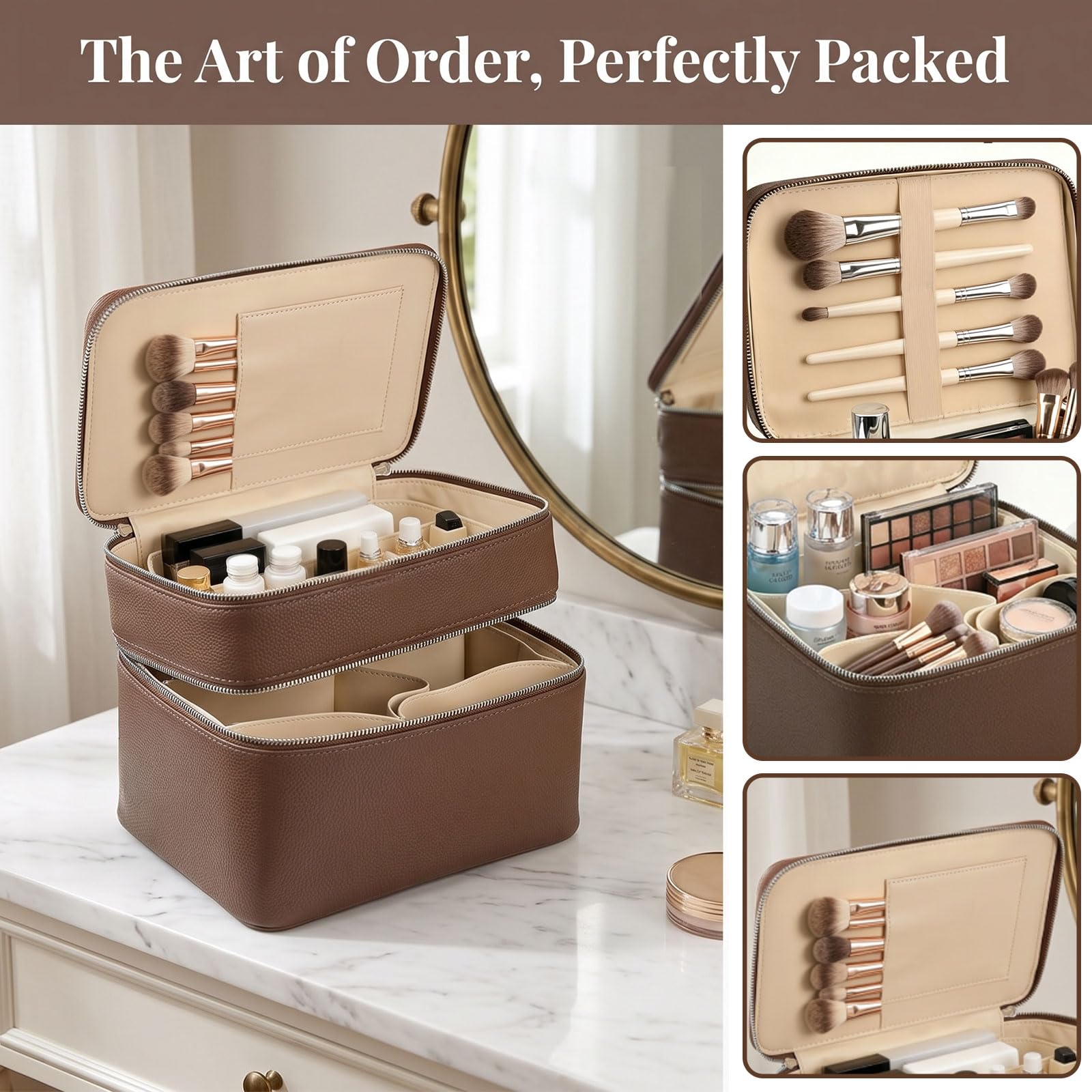Trousse de maquillage double couche pour femme, grande trousse de maquillage en cuir synthétique avec séparateurs amovibles, organiseur portable étanche pour maquillage, pinceaux, trousse de toilette
