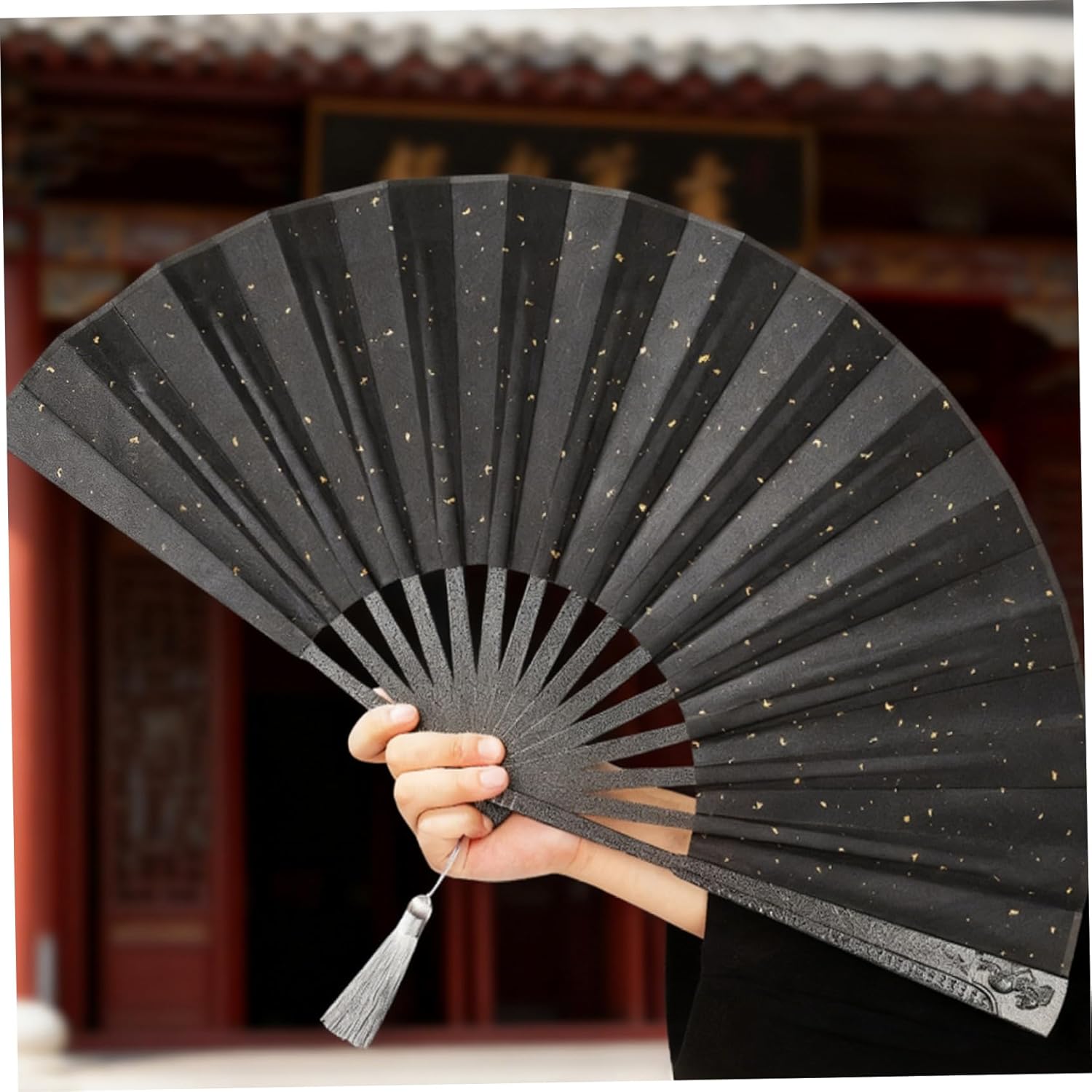 Metal Folding Fan Chinese Style Aluminum Alloy Hand Fan Foldable Traditional Black Silk w/Cloud Dragon Pattern 12.8x23.6 Inch