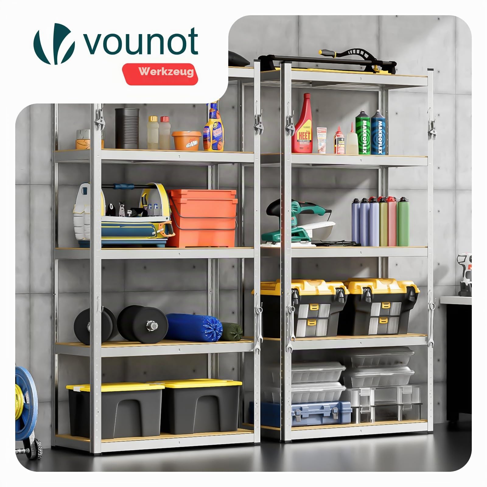 VOUNOT® Schwerlastregal 2er Set, Regal Lagerregal Kellerregal Steckregal Werkstattregal, 180x90x40cm, 5 verstellbare Böden, 875kg belastbar