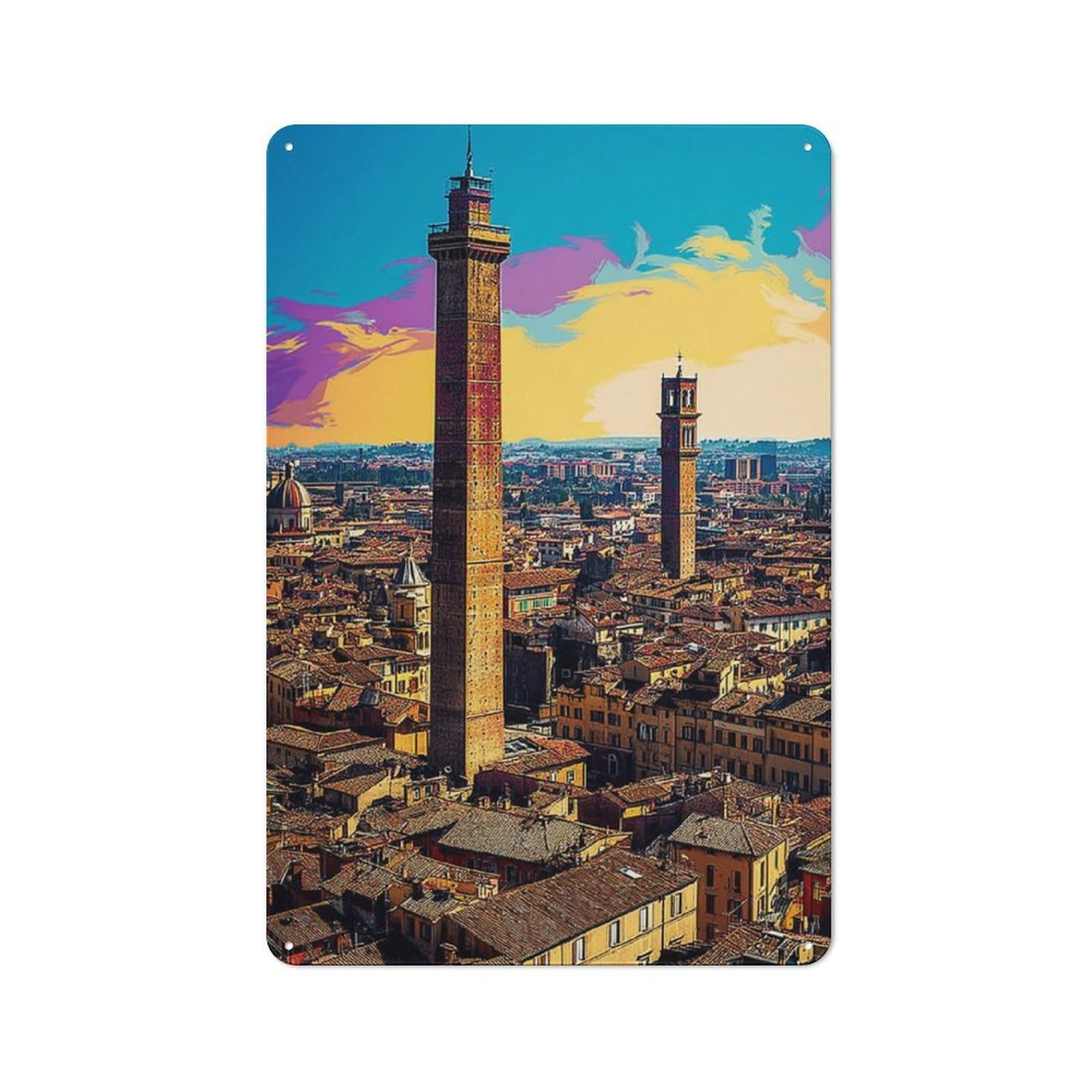 Junmoney Bologna's Iconic Towers A Colorful View Decorative Metal Plaque, Easy To Hang Plaque For Garden Shed, Covered Patio, Kitchen Or Hallway, 30X20cm