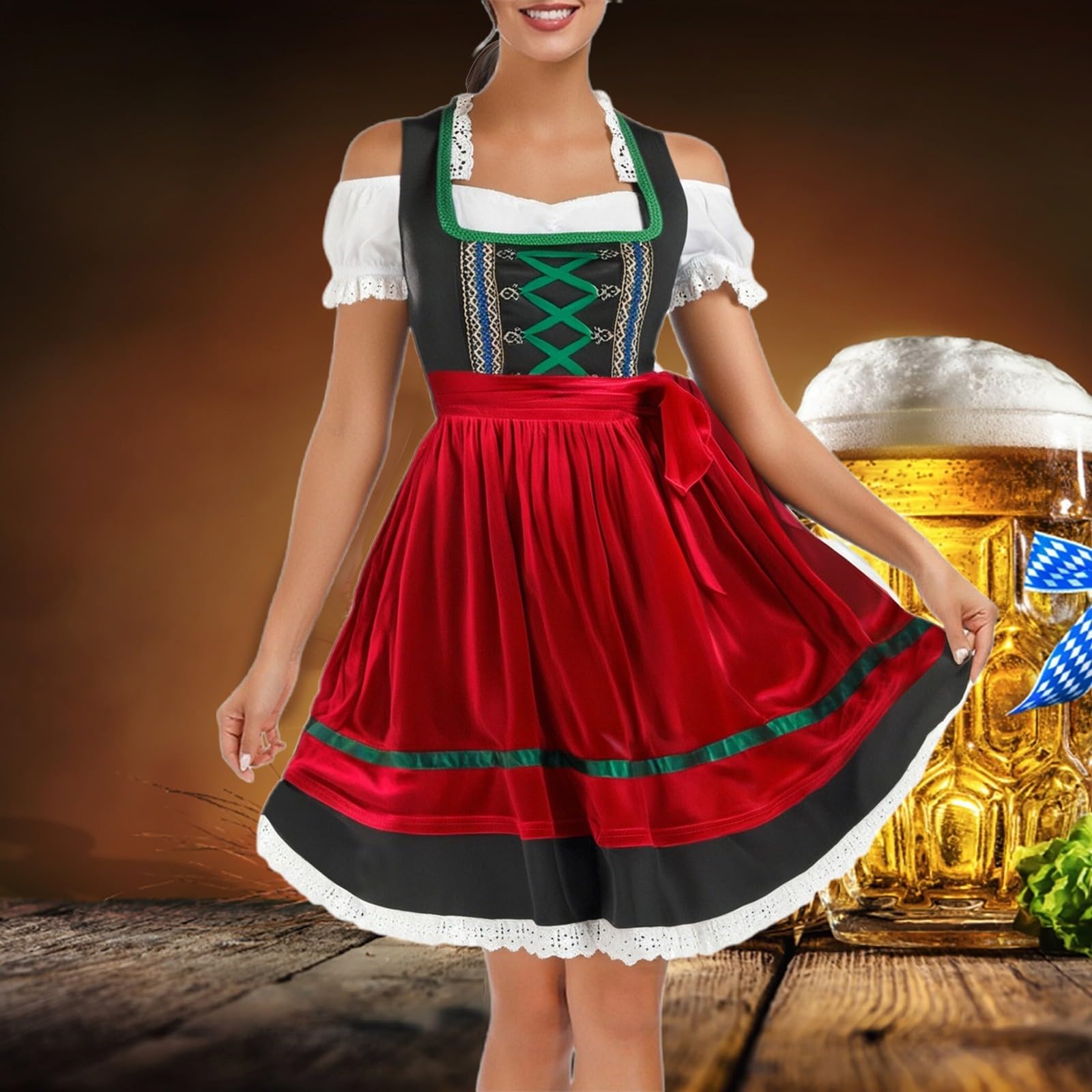 Tradizionale Dirndl Midi della Collezione Costume Tradizionale Tedesco 3 pezzi Oktoberfest Trachtenmode Midi Dirndl hellgrün monocromatico Look mit Knopfleist INKL. Dirndlschürze