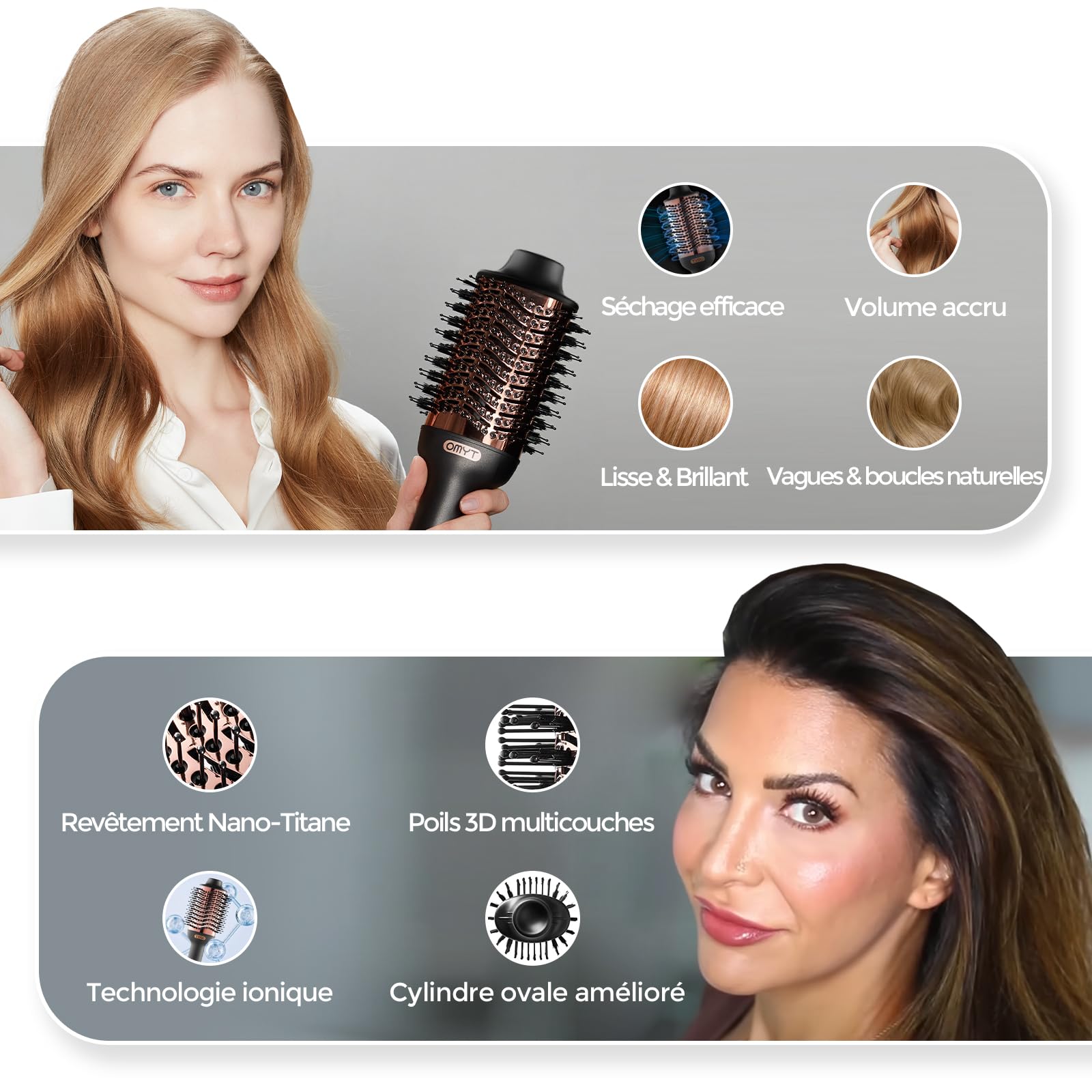 TYMO Brosse Soufflante Chauffante - One-Step Sèche-cheveux et Brosse Volume Ionique Pour Séchage Rapide, Lisser, Boucler, Créer du Volume, 3 Températures, 1200W, Or