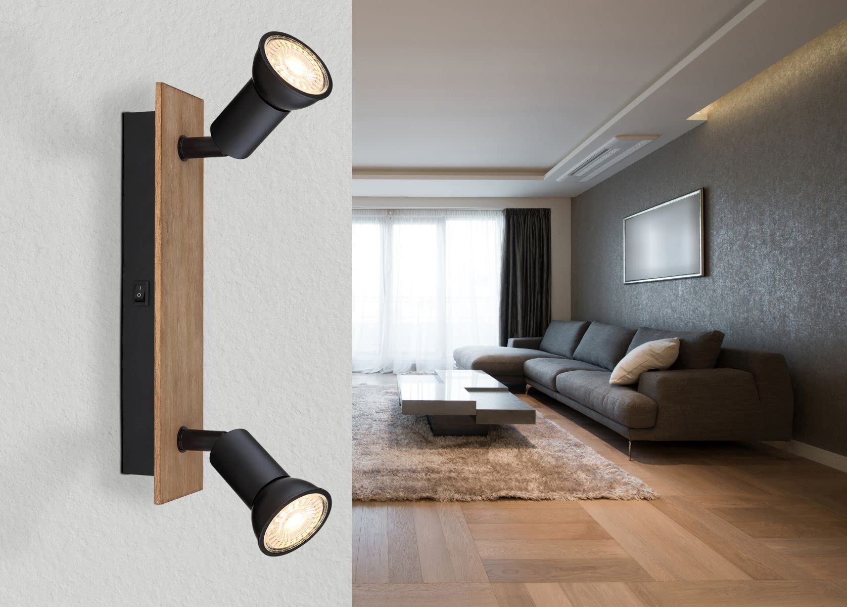 Wandleuchte Mit 2 Spots – Schwarz Mit Holzoptik, GU10 Fassung, Schwenkbar – Für Decke & Wand Im Schlafzimmer & Wohnzimmer