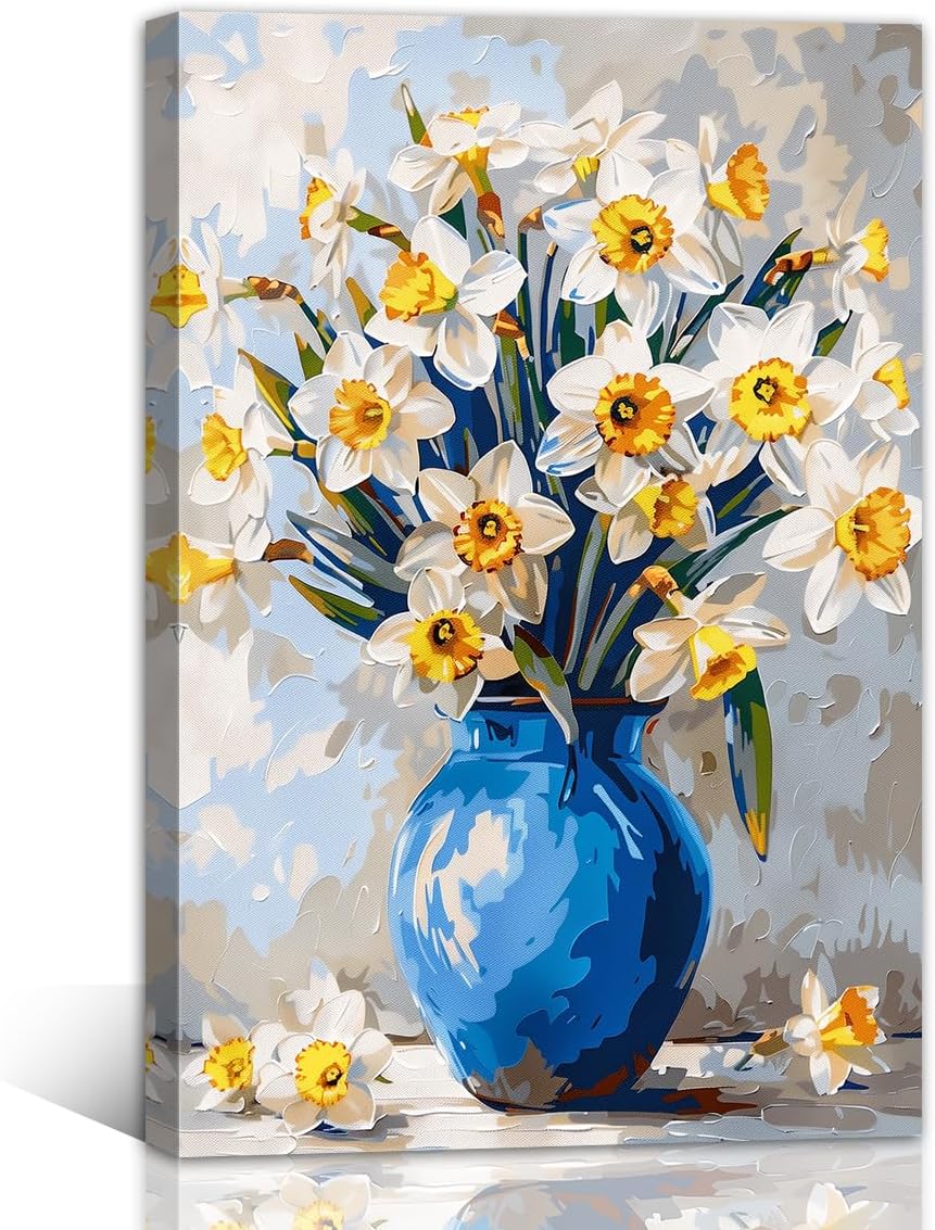 Blue and Yellow Flowers Wall Art Framed Vintage Oil Painting Floral in Vase Picture for Living Room Decor（Floral-2,16x24inch (40x60cm)