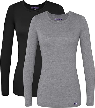 Sivvan Scrubs for Women - Long Sleeve Comfort Underscrub Tee Multicolor 2-Pack - S85002M - Black/Dark Marl Gray - 2X