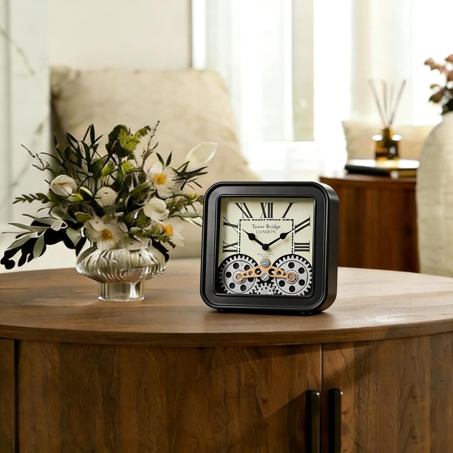 Steampunk Desk Clock with Moving Gears 6 Inch Vintage Metal Table Clock, Silent Non-Ticking Quartz, Battery Operated Industrial Decor for Home Office Shelf Living Room Mantel（Black）
