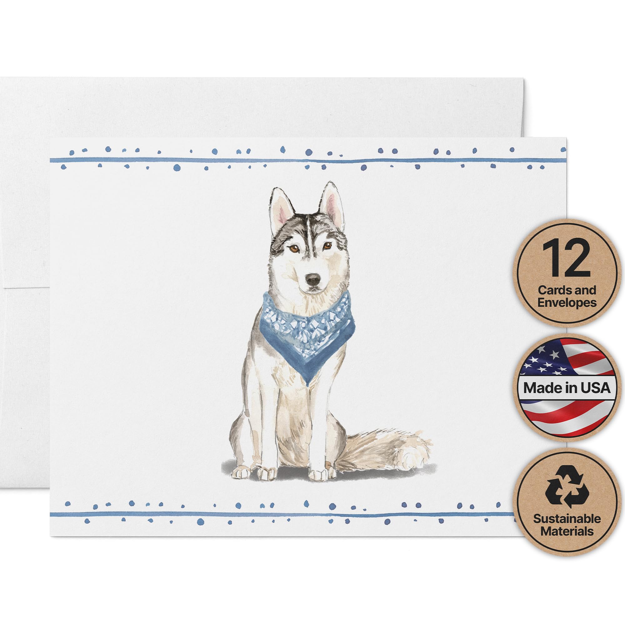 Twigs Paper - Siberian Husky Dog Note Cards - Set of 12 Blank Cards (5.5 x 4.25 Inch) with 12 Envelopes - 100% EcoFriendly Stationery - Made In USA