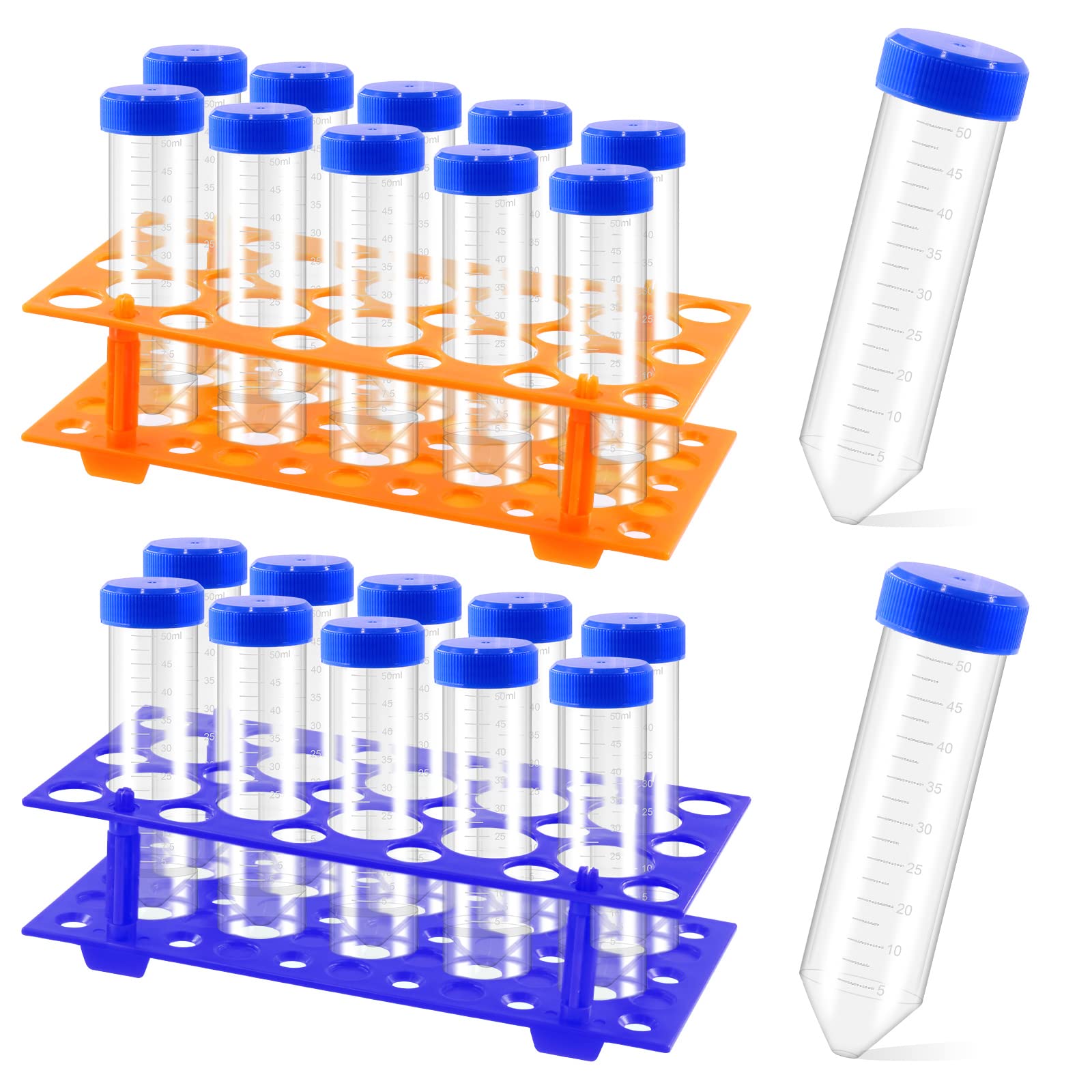 27 tubi conici per centrifuga da 50 ml in polipropilene con punto graduato di scrittura + 28 contenitori per provette per laboratorio