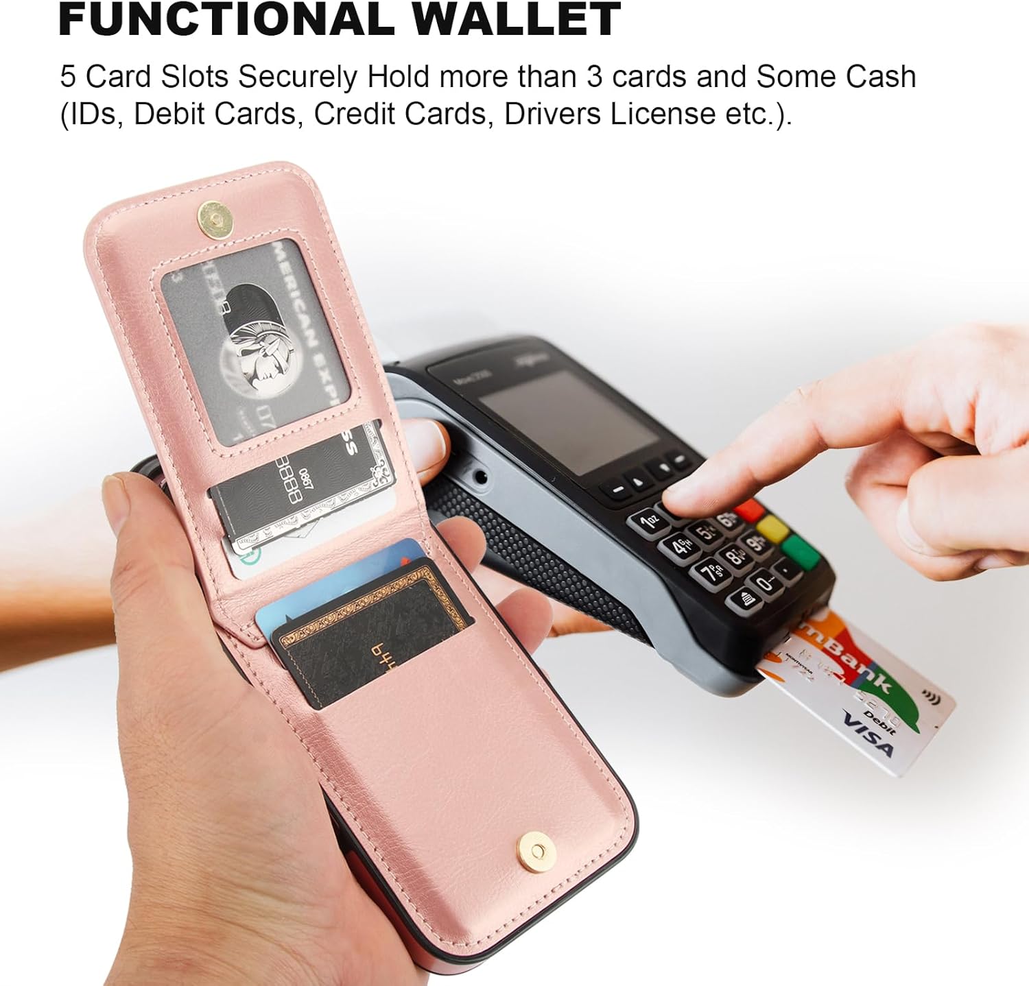 KIHUWEY for iPhone 16 Case Wallet with Credit Card Holder, 360° Rotation Ring PU Leather Magnetic Clasp Kickstand Heavy Duty Protective Cover for Women and Men 6.1 Inch (Rose Gold) - Image 5