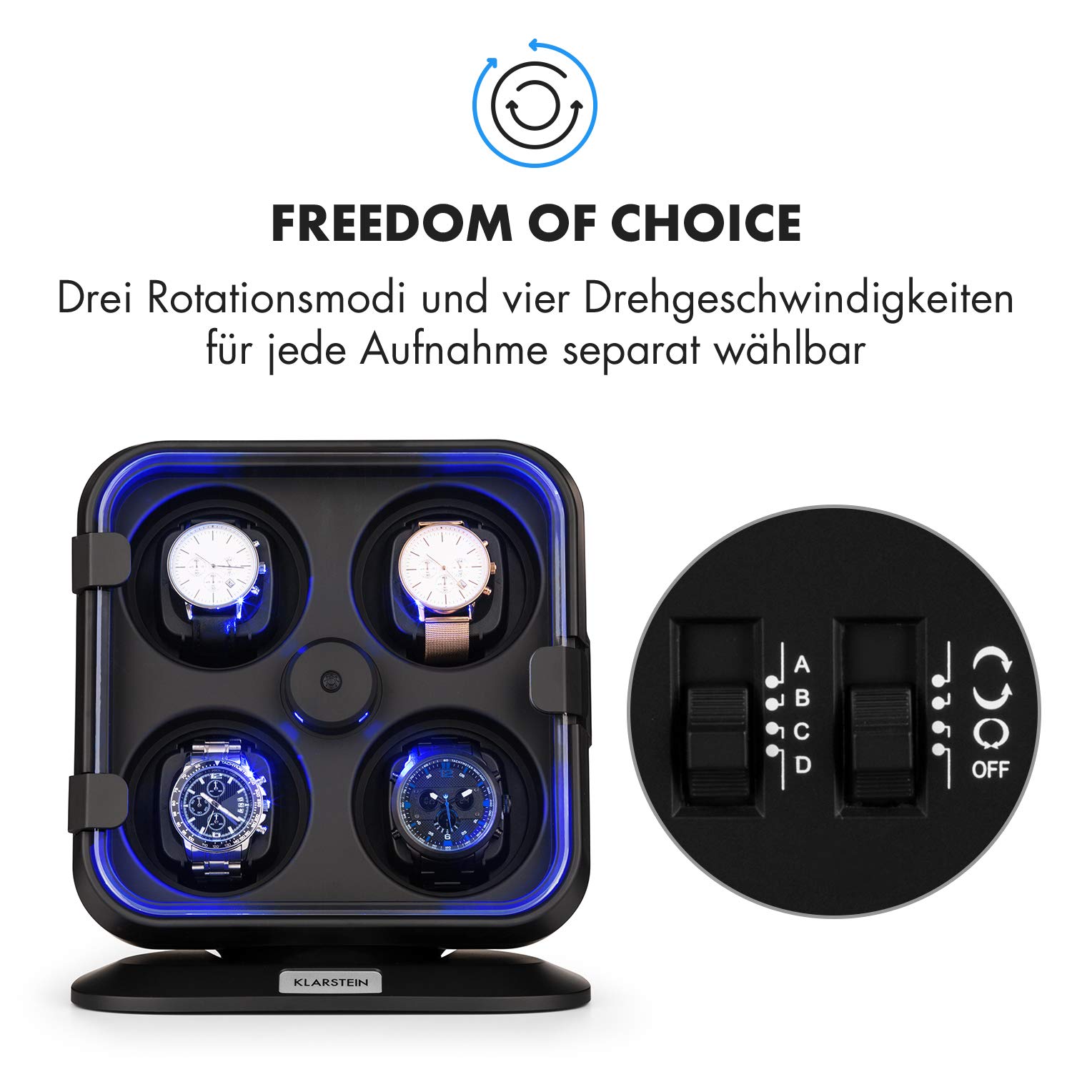 Klarstein Uhrenbeweger für 4 Uhren, Automatik für Damen & Herren, für Automatikuhren, Leiser Automatischer, Watch Winder Mit LED-Beleuchtung, 3 Rotationen