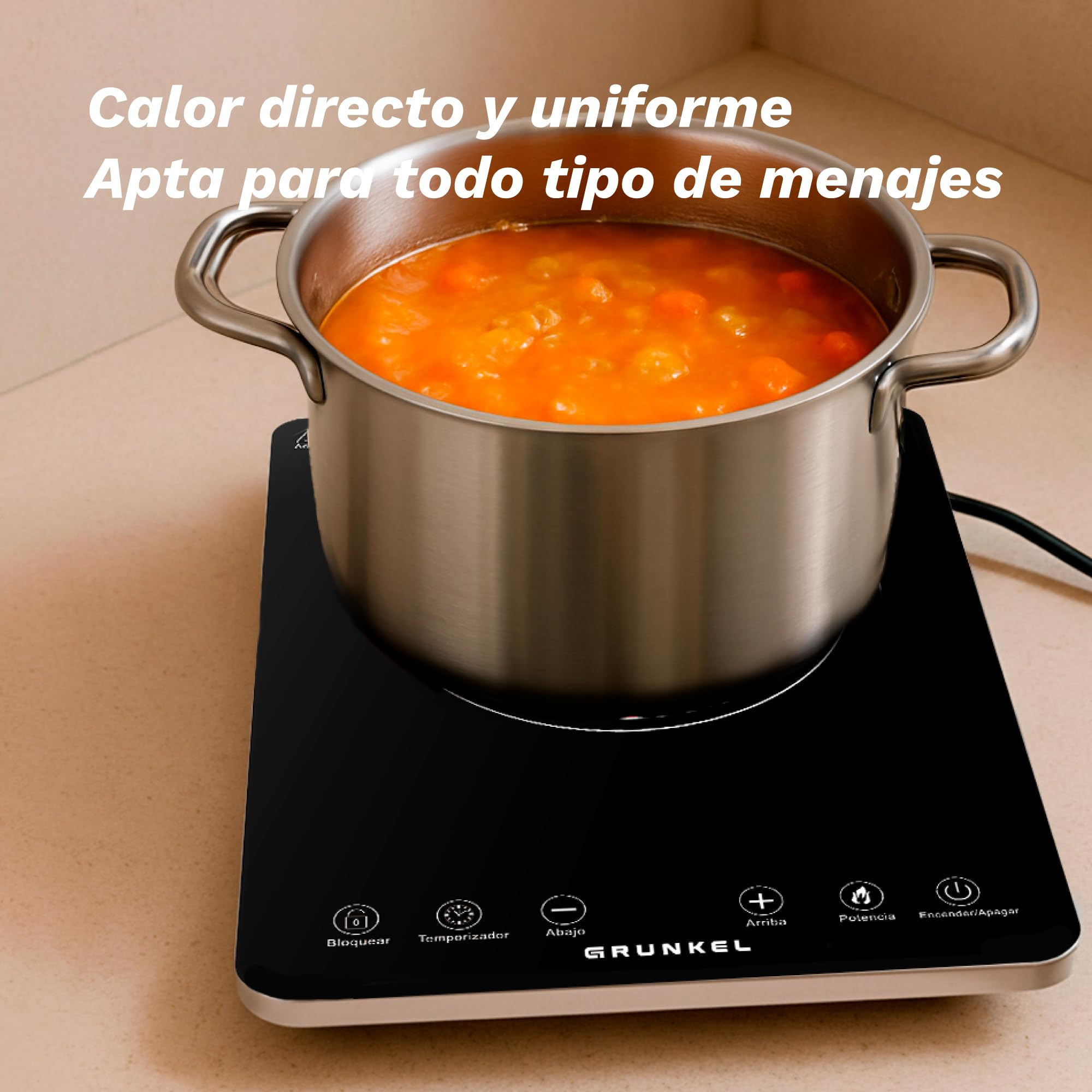 Placa de cocción por Infrarrojos de GRUNKEL IFR-2000 y 2000W, 8 Niveles, 29x37cm, Control Táctil, Temporizador. Ventilador automático enfriamiento tras uso. Superficie de cristal.