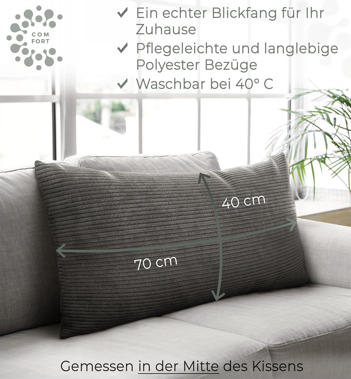 Sofakissen Cord 40x70 2er Set Dekokissen dunkelgrau Couchkissen mit Füllung | Zierkissen groß aus Kordsamt mit regulierbarer Dicke und Kissenbezug, für Sofa & Couch, stützt Rücken und Nacken