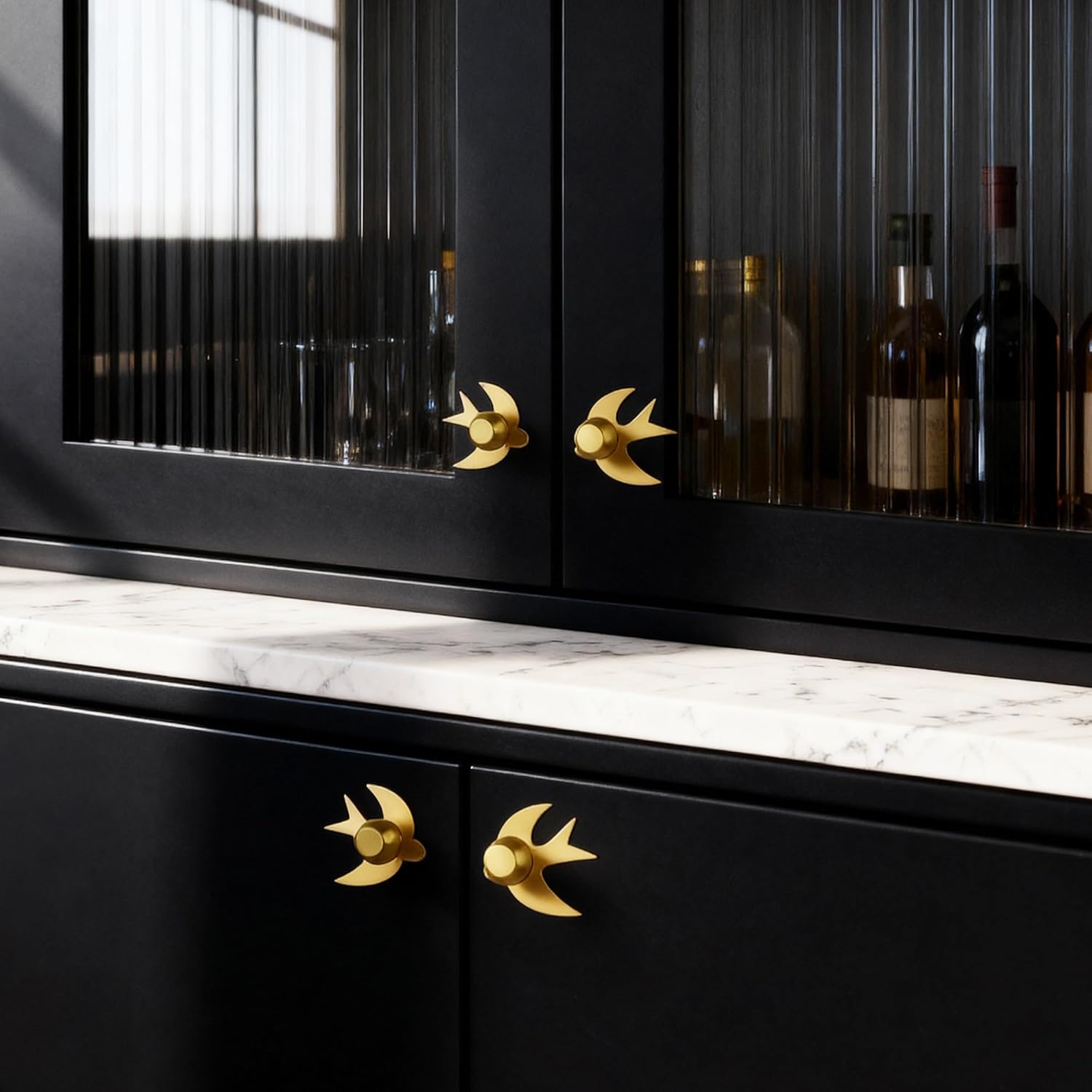 4-Pack Solid Brass Gold Cabinet Knobs, Modern Bird Swallow Dresser Handles for Brushed Brass Kitchen Pulls and Vanity Cabinet Hardware with Base Backplate