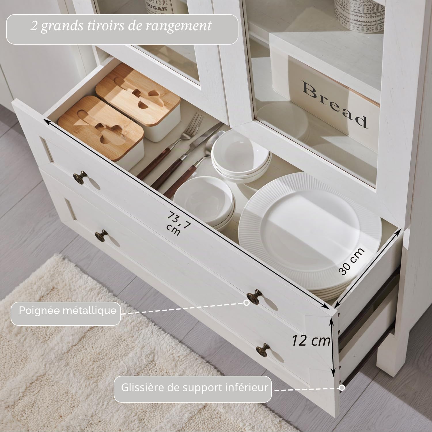 IFGET Armoire de rangement polyvalente en bois avec 2 grands tiroirs et étagères réglables, style rustique moderne pour cuisine, salle à manger, salle de bain, 180,3 cm de haut, blanc