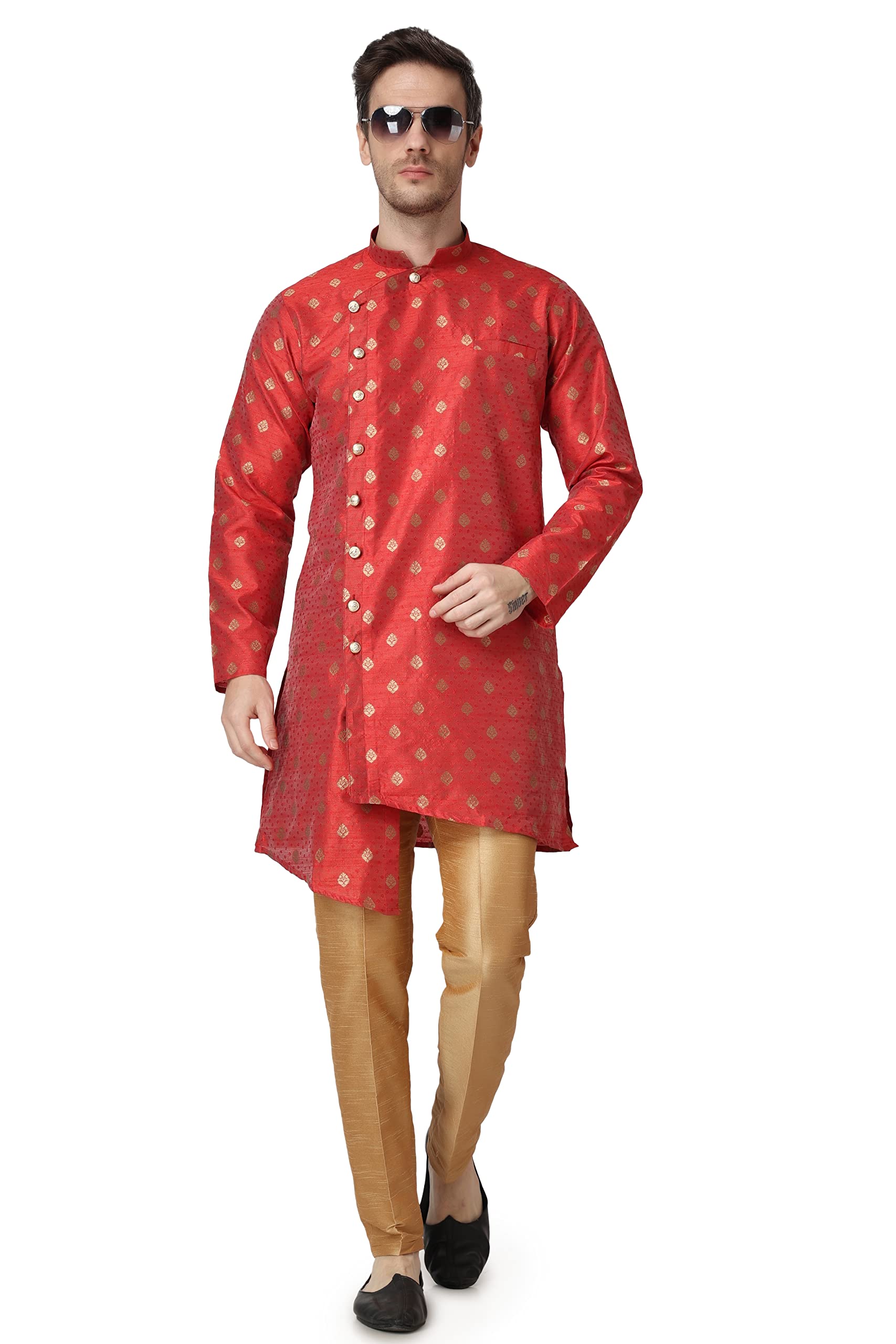 devyom Men's Jacquard Silk Printed Angrakha Side Button Kurta Set-picture-18