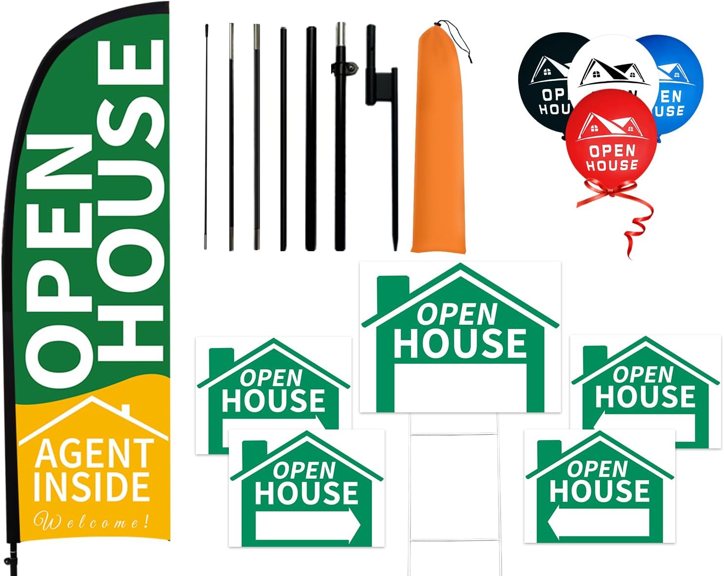 8.2 ft Open House Flags Signs for Real Estate Agents Advertising Supplies, Feather Flag with Pole Kit & Ground Stake 5 Yard Sign Banner 30 Balloons Flagpole Posts for Businesses Outside Green