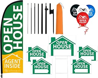8.2 ft Open House Flags Signs for Real Estate Agents Advertising Supplies, Feather Flag with Pole Kit & Ground Stake 5 Yard Sign Banner 30 Balloons Flagpole Posts for Businesses Outside Green