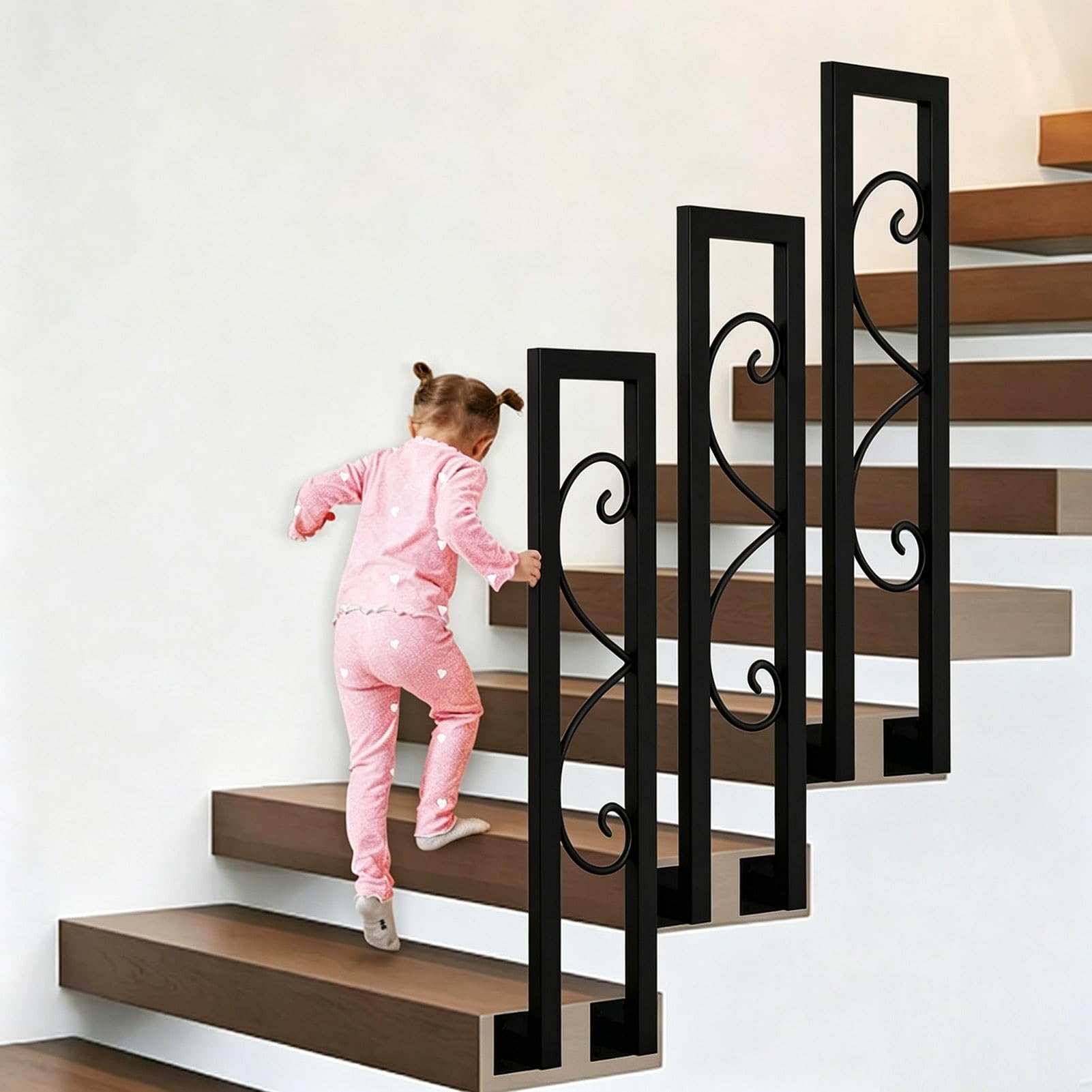 Side Mount Stair Railing Handrail Picket Fits 1 Steps | Gold Wrought Iron Hand Rail for Outdoor Stair Grab Handle Bar Bannister Rail | U-Shaped Stair Handrail(Black,55cm/22in)