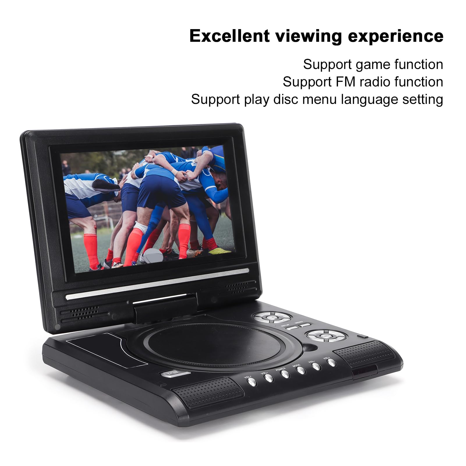 Reproductor de DVD HD Portátil con Pantalla Giratoria 270°, Altavoces Estéreo, TV Analógica, USB, Lector de Tarjetas, Batería